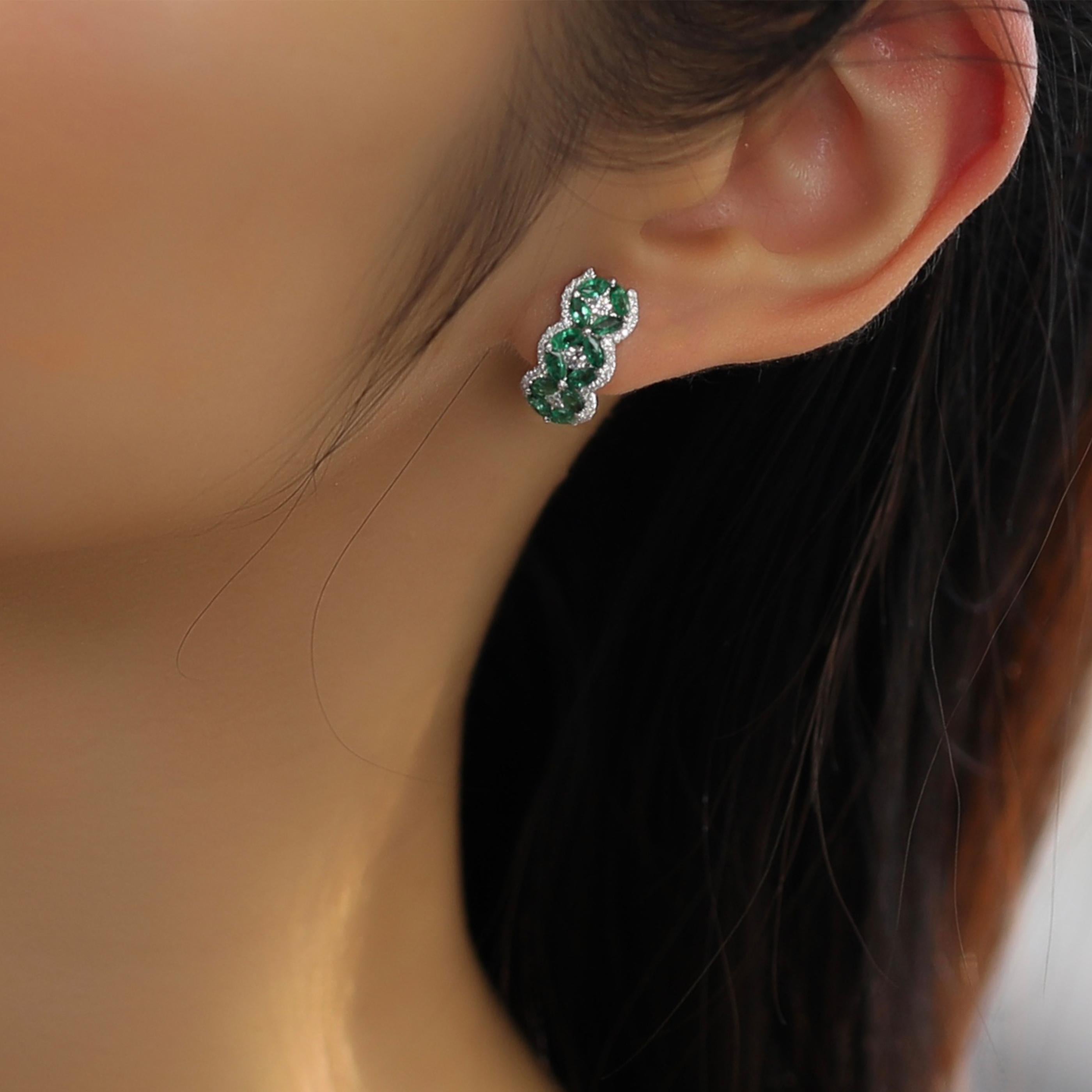 Round Cut 18 Karat White Gold Diamond Small Emerald Huggy Flower Stud Earrings