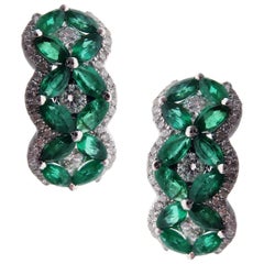 18 Karat White Gold Diamond Small Emerald Huggy Flower Stud Earrings