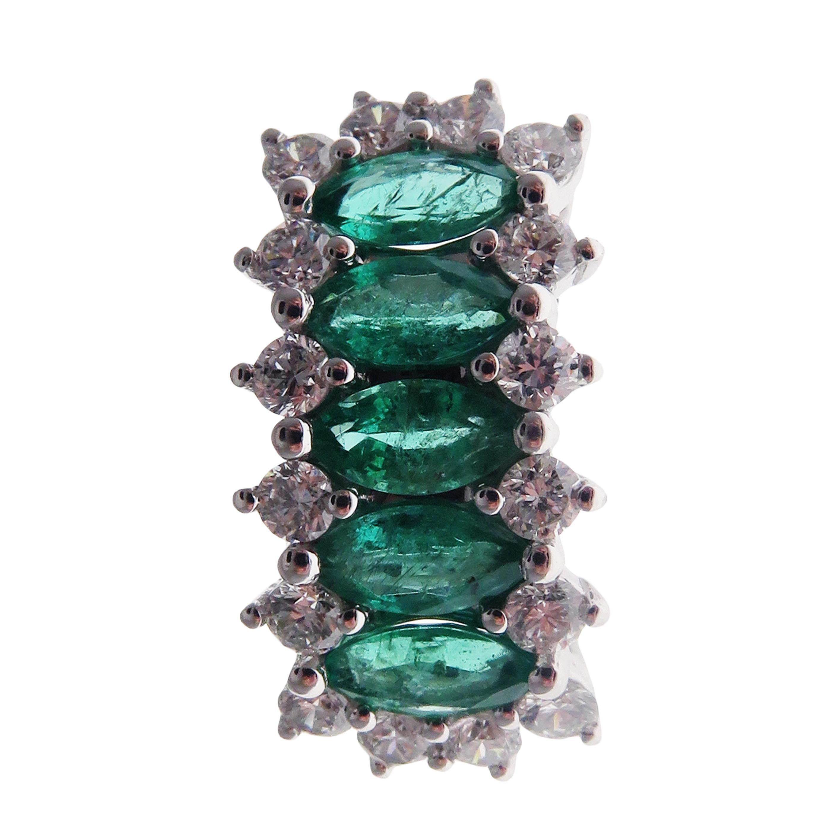 These small sized emerald huggy studs are crafted in 18-karat white gold, weighing approximately 1.36 total carats of SI-H Quality white diamond and 2.12 total carats of emerald stones. Post-style backing. 

Our Color Stone Collection features a
