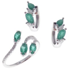 18 Karat White Gold Diamond Small Emerald Marquise Huggy Earring Ring Set