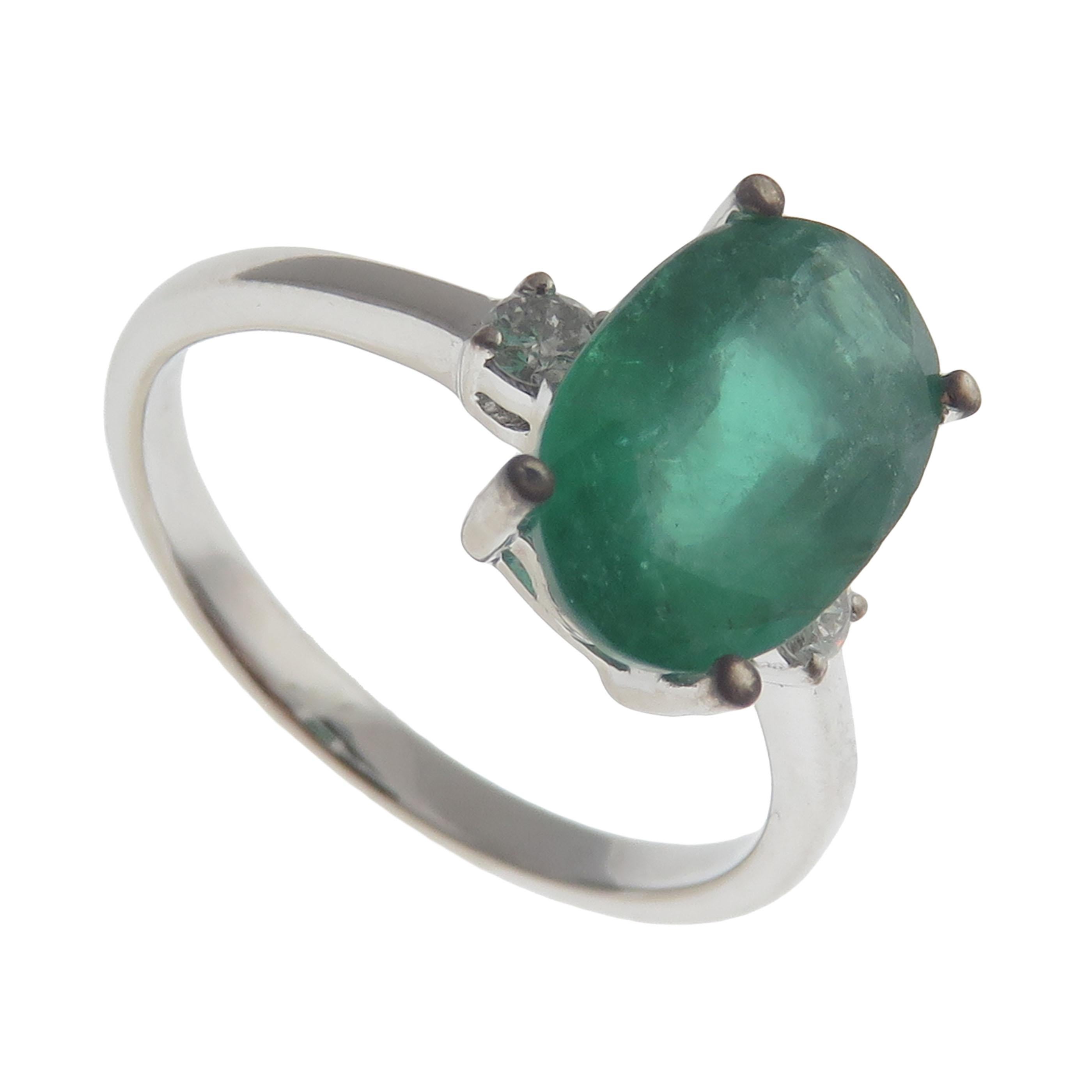Women's or Men's 18 Karat White Gold Diamond Small Emerald Oval Earring Ring Set