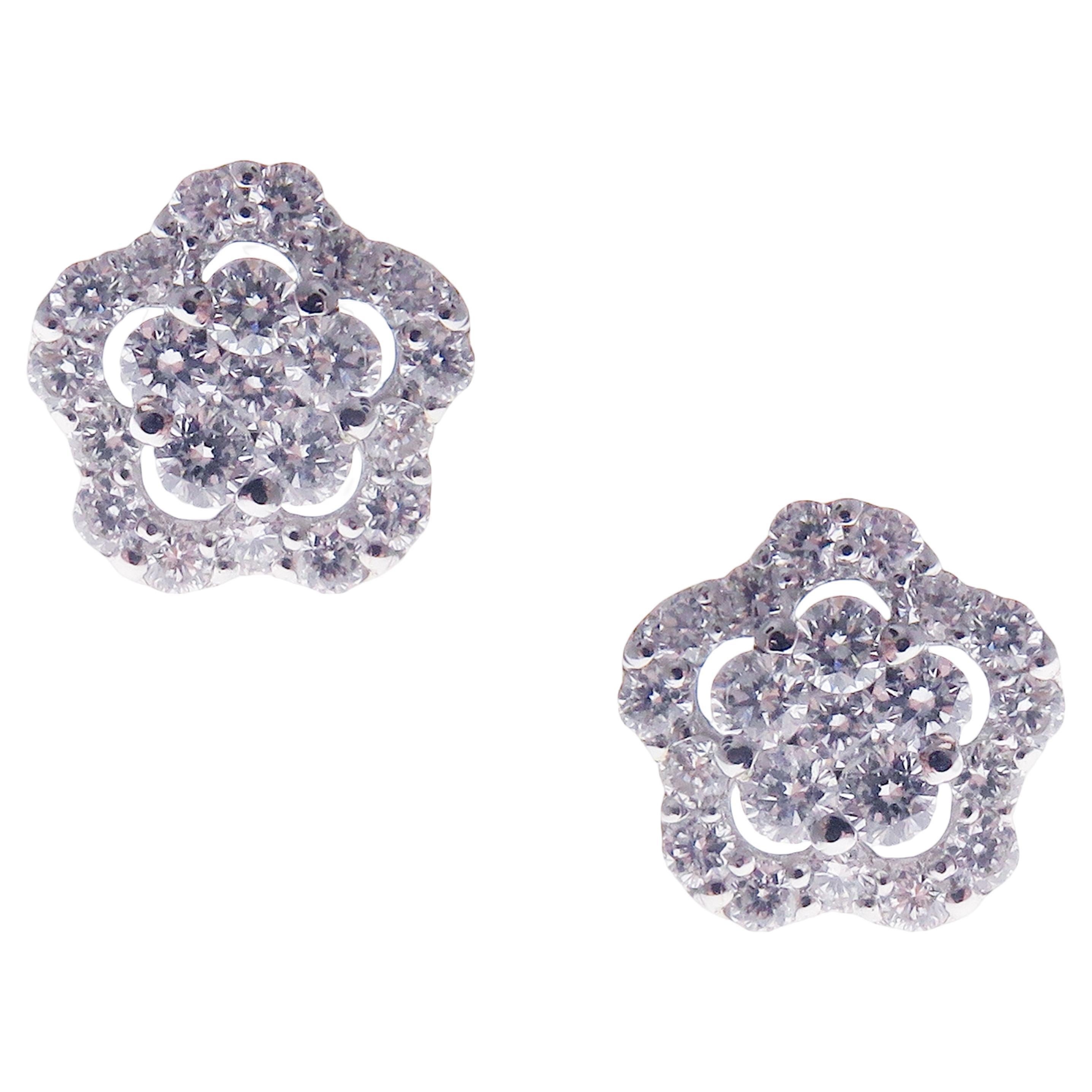 18 Karat White Gold Diamond Small Flower Earring For Sale