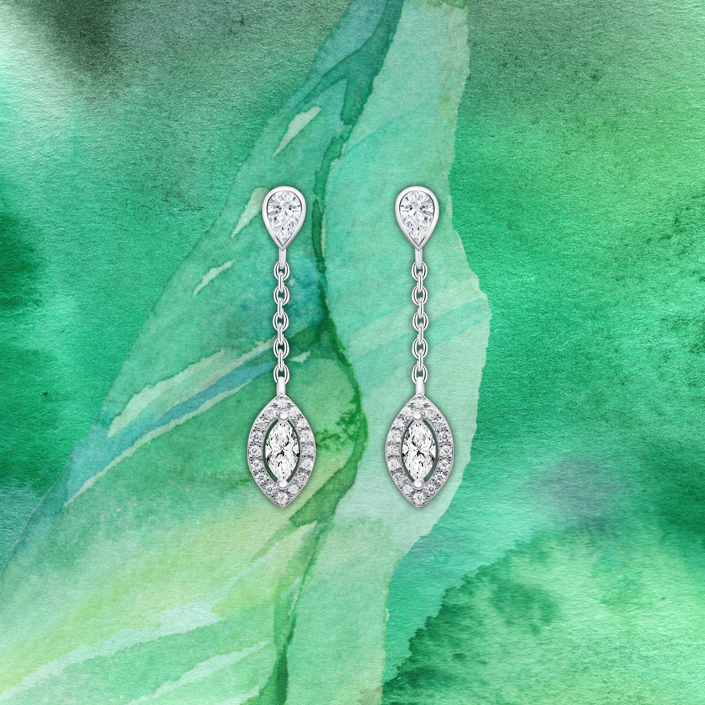 Women's or Men's 18 Karat White Gold Diamond Small Leaf Drop Earrings For Sale