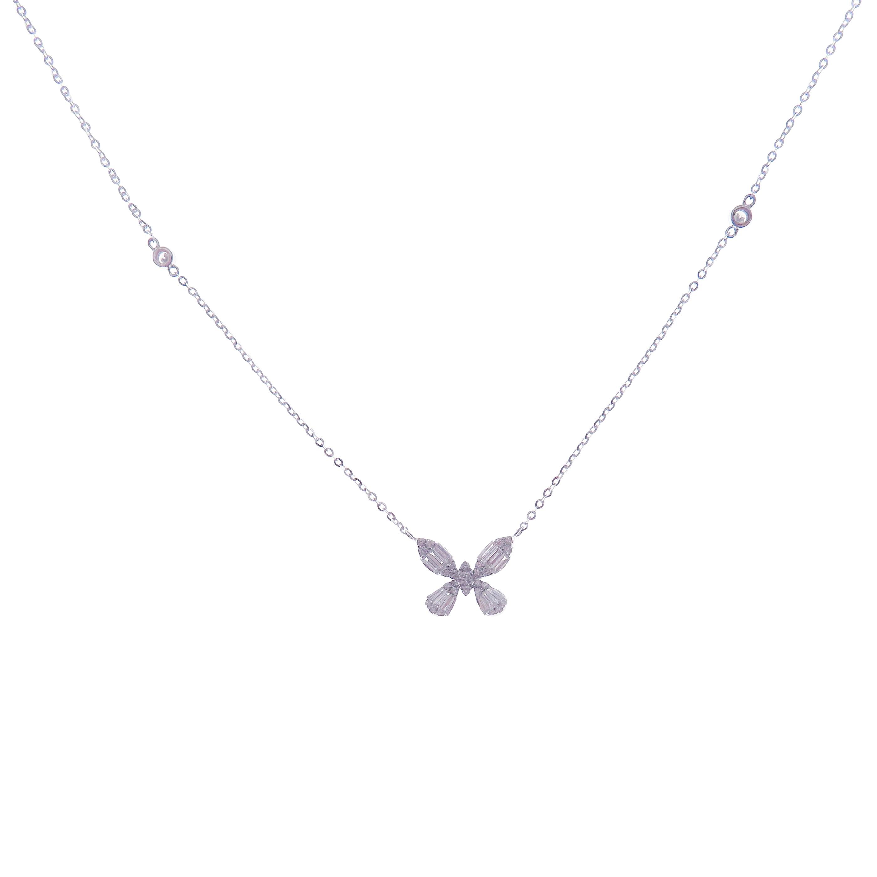 This small modern butterfly diamond necklace is crafted in 18-karat white gold, weighing approximately 0.62 total carats of SI-V Quality white diamonds.

Necklace is 16