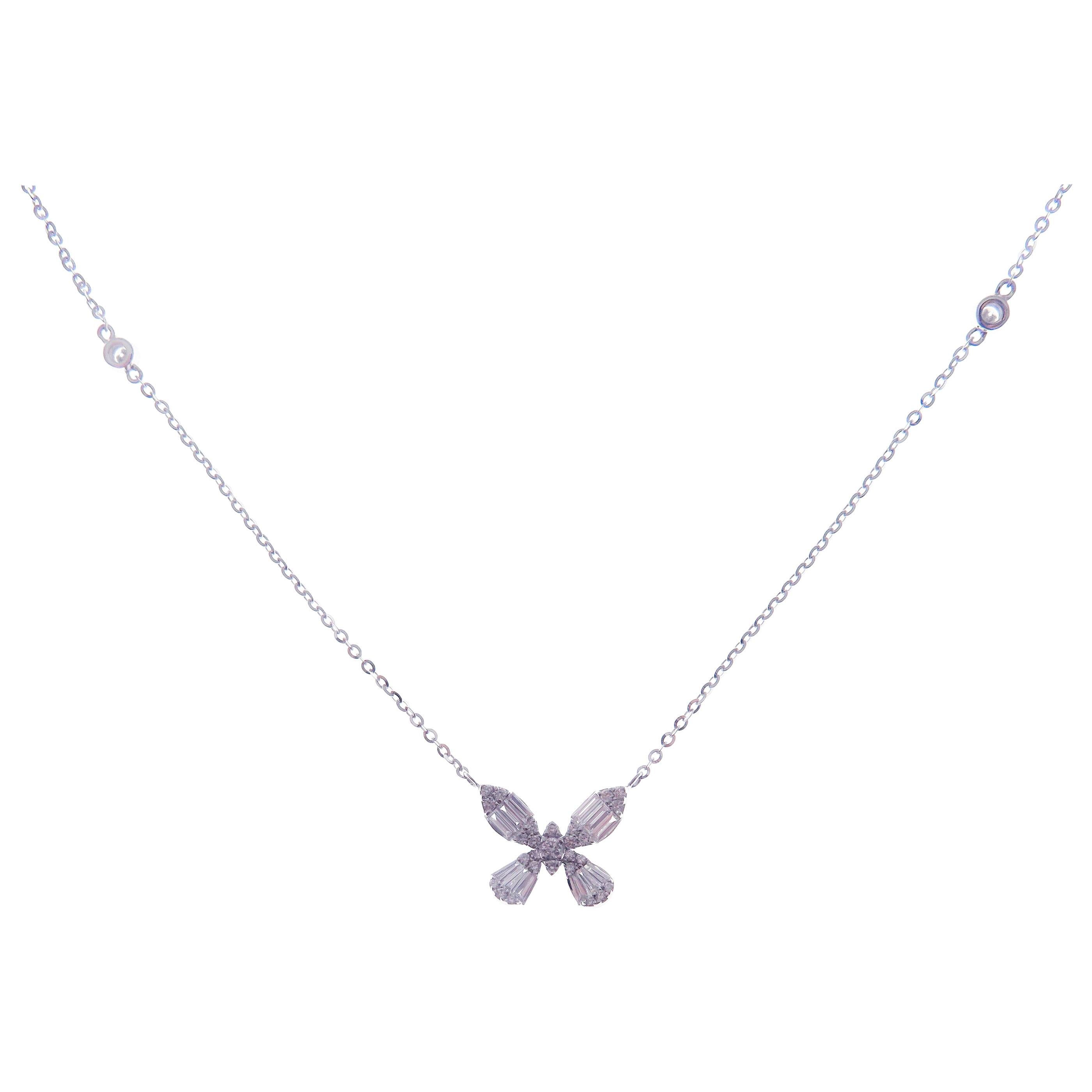 18 Karat White Gold Diamond Small Modern Butterfly Baguette Necklace