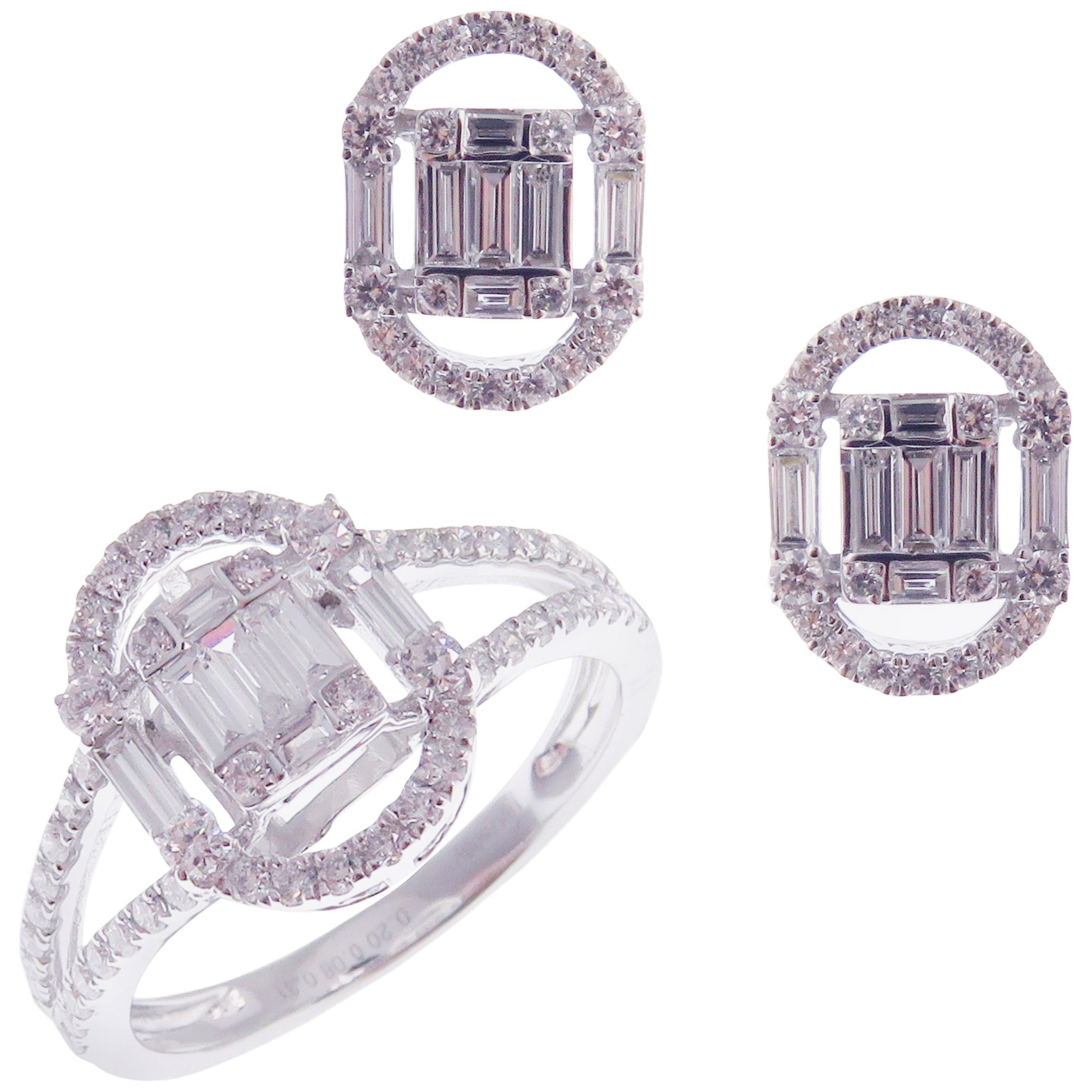 18 Karat White Gold Diamond Small Oval Baguette Stud Earring Ring Set For Sale