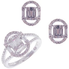 18 Karat White Gold Diamond Small Oval Baguette Stud Earring Ring Set