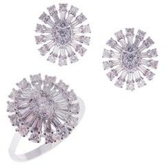 spiky oval 18 Karat White Gold Diamond Small Oval Spiky Baguette Dangling Earring Ring Set