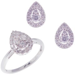 18 Karat White Gold Diamond Small Pave Pear Stud Earring Ring Set