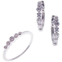 18 Karat White Gold Diamond Small Round Huggies Earring Ring Set