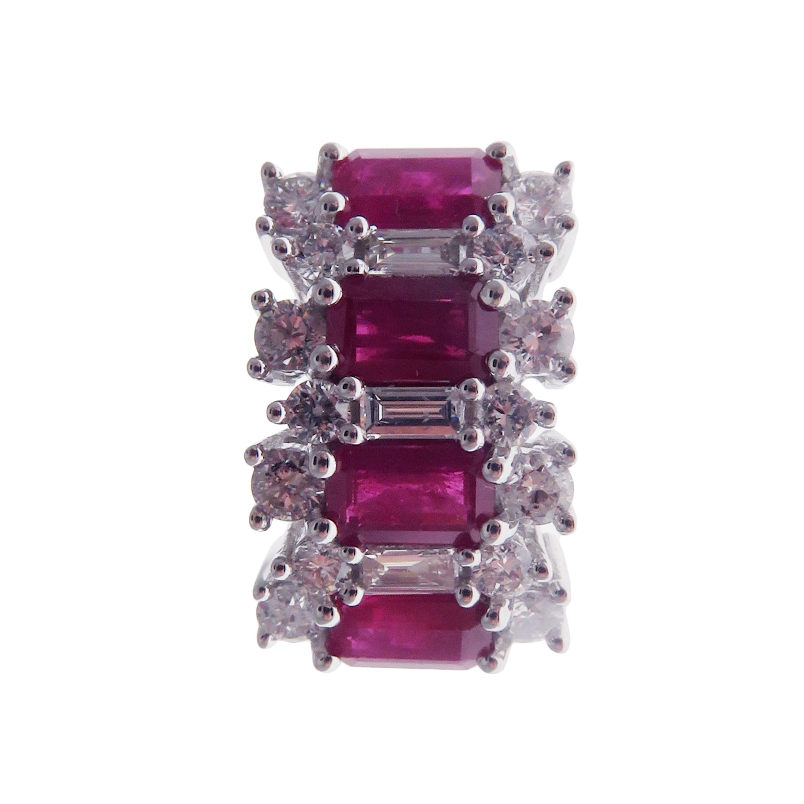 These small sized ruby huggy studs are crafted in 18-karat white gold, weighing approximately 1.32 total carats of SI-H Quality white diamond and 3.10 total carats of ruby stones. Post-style backing. 

Our Color Stone Collection features a variety