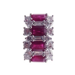 18 Karat White Gold Diamond Small Ruby Huggy Baguette Stud Earrings