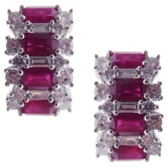 18 Karat White Gold Diamond Small Ruby Huggy Baguette Stud Earrings