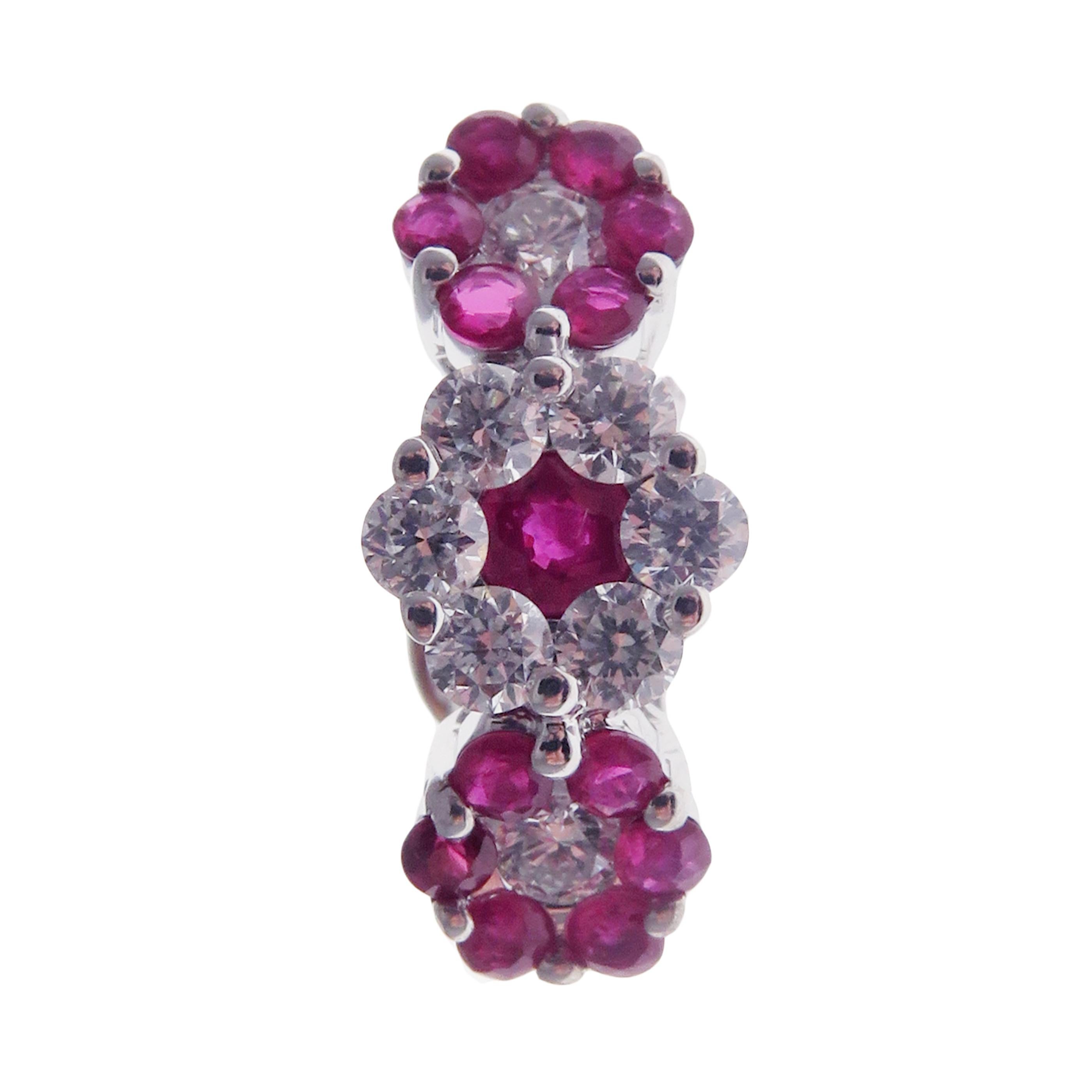 These small sized ruby huggy studs are crafted in 18-karat white gold, weighing approximately 1.02 total carats of SI-H Quality white diamond and 1.64 total carats of ruby stones. Post-style backing. 

Our Color Stone Collection features a variety