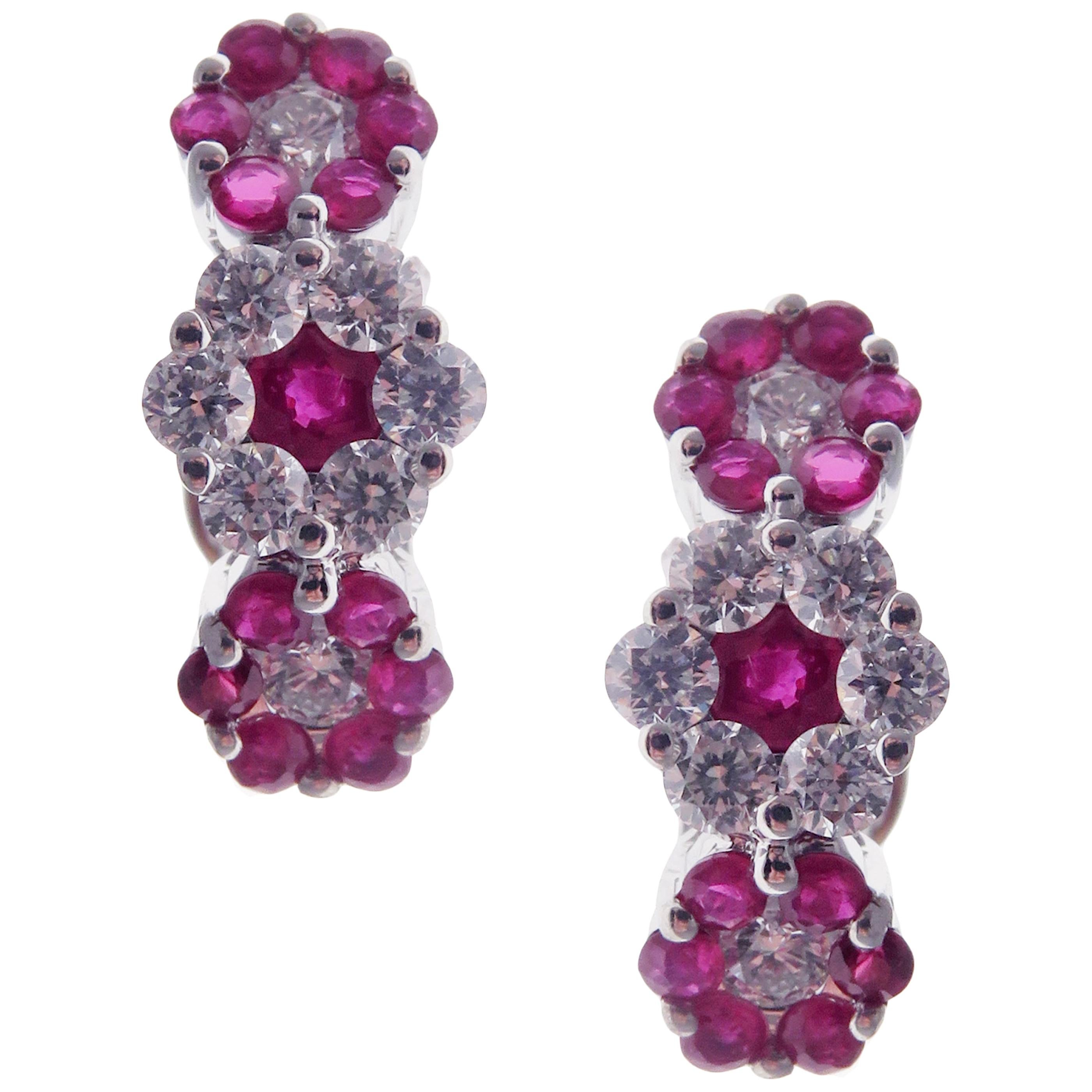 18 Karat White Gold Diamond Small Ruby Huggy Flower Stud Earrings