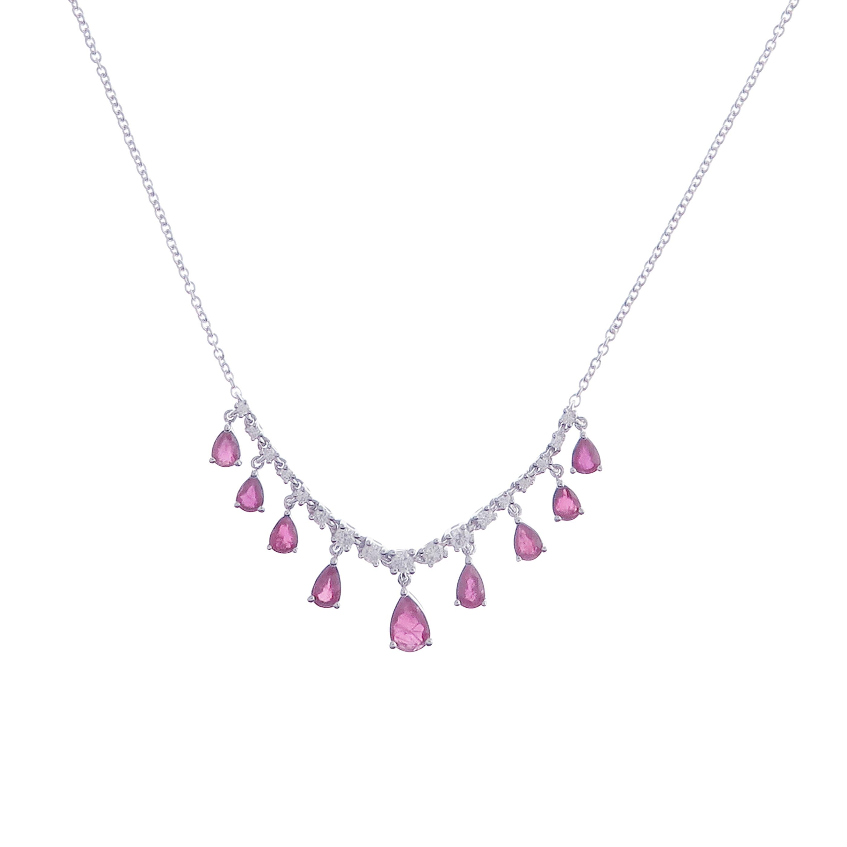 This ruby pear drop necklace is crafted in 18-karat white gold, weighing approximately 1.93 total carats of rubies and 0.34 total carats of SI Quality white diamonds. 

Necklace is 16