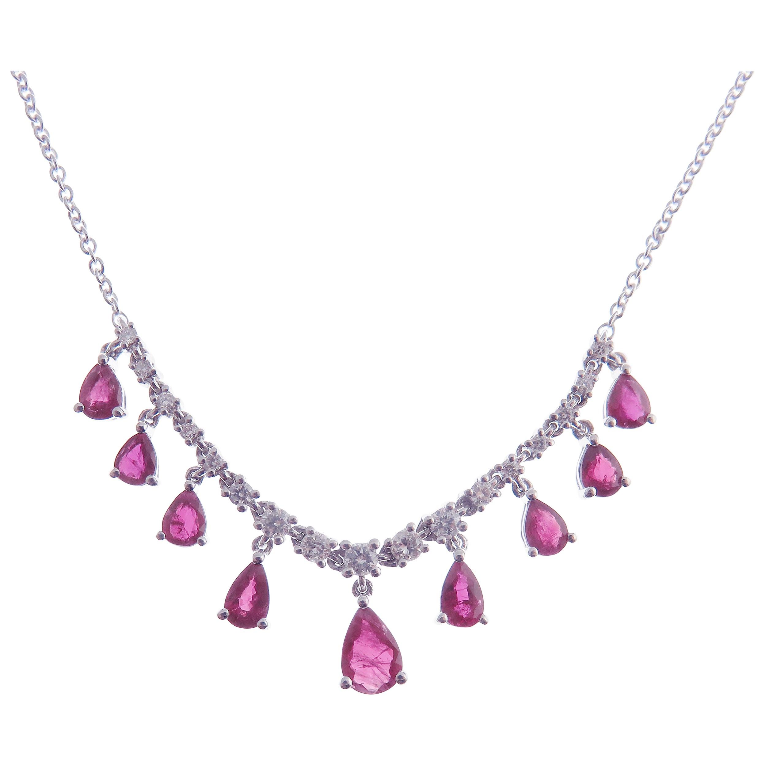 18 Karat White Gold Diamond Small Ruby Pear Drops Simple Bar Necklace