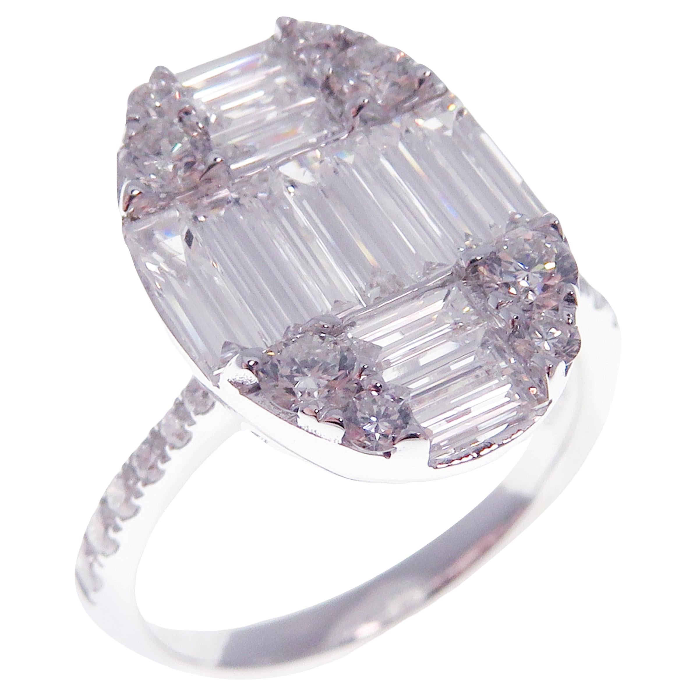 18 Karat White Gold Diamond Small Sleek Oval Baguette Fancy Ring