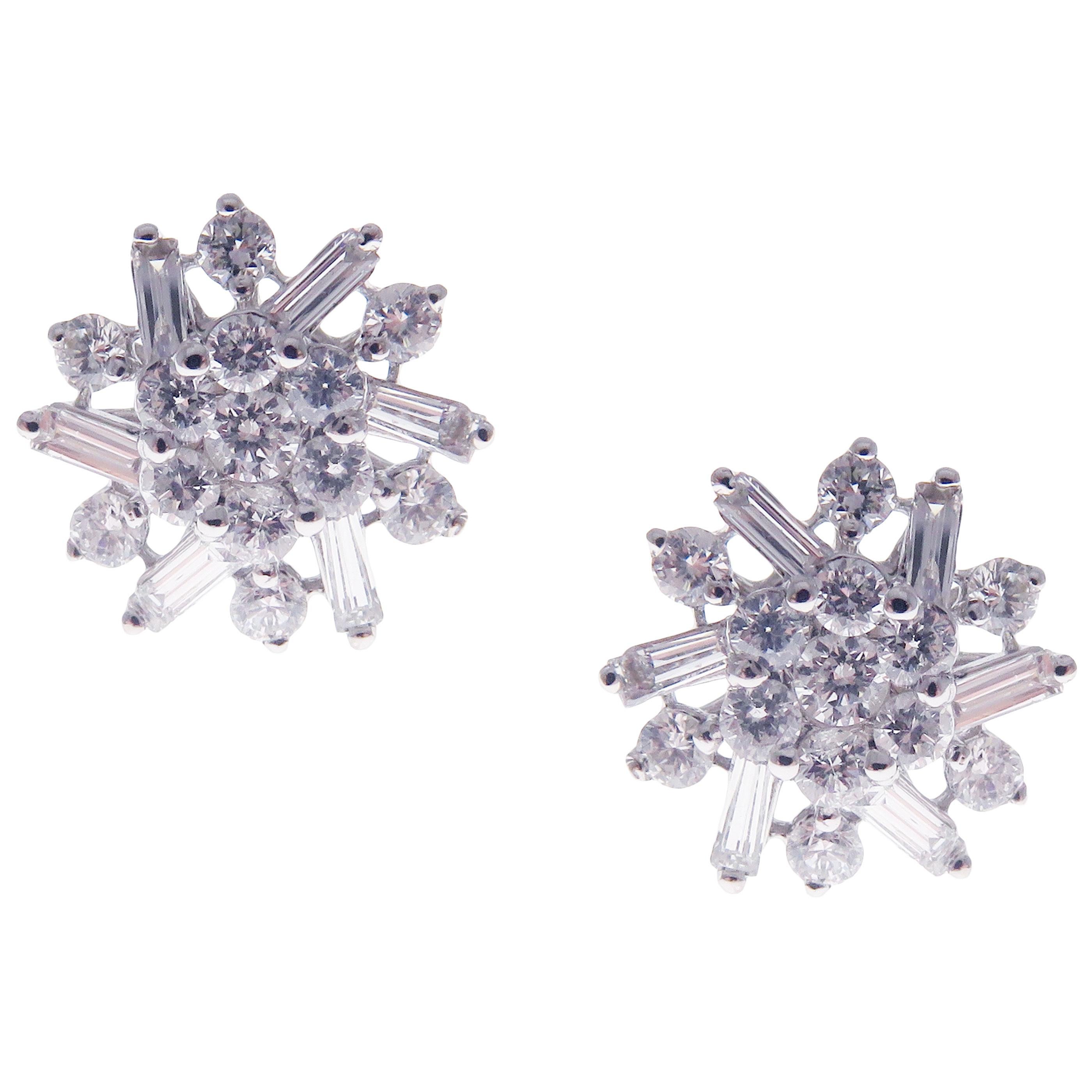 This round and baguette combination diamond illusion snowflake inspired stud earring is crafted in 18-karat white gold, featuring 26 round white diamonds totaling of 0.68 carats and 12 baguette white diamonds totaling of 0.30 carats.
Approximate