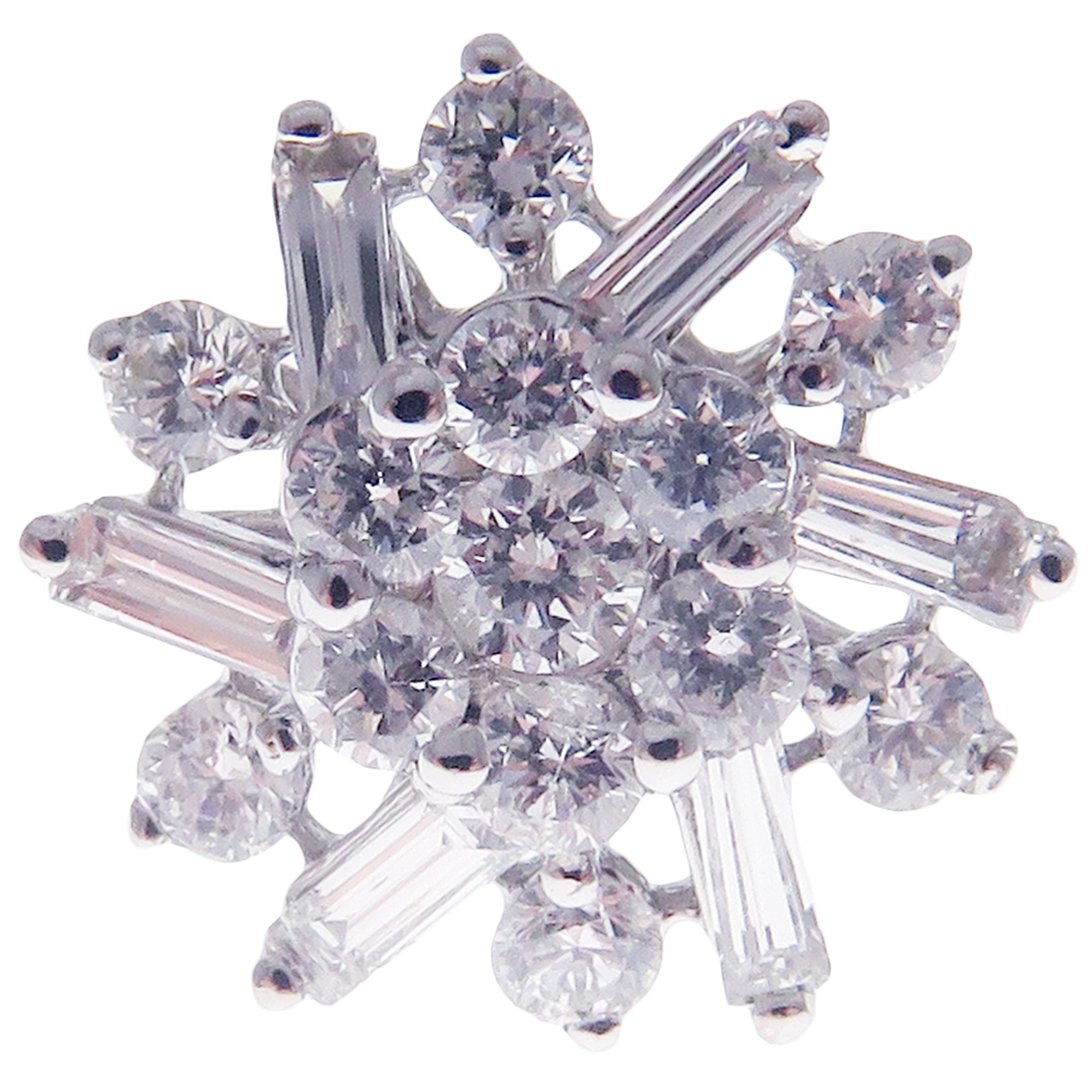 Baguette Cut 18 Karat White Gold Diamond Small Snowflake Earring For Sale