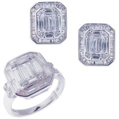 18 Karat White Gold Diamond Small Square Baguette Dangling Earring Ring Set