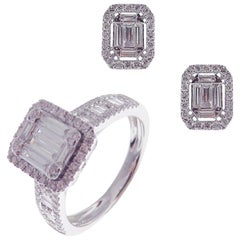 18 Karat White Gold Diamond Small Square Baguette Stud Earring Ring Set