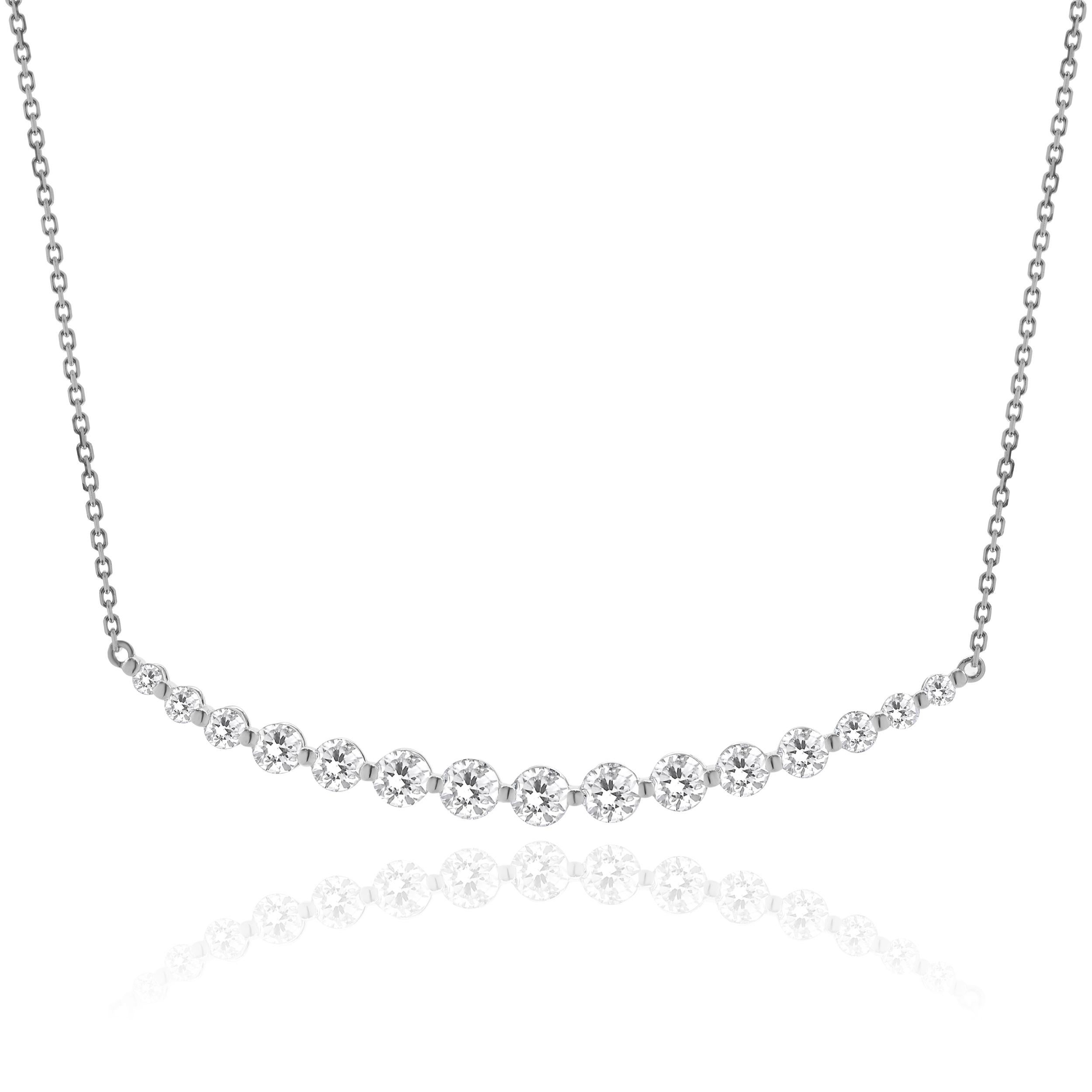 Designer: custom
Material: 18K white gold
Diamonds: 15 round brilliant cut = 2.03cttw
Color: G 
Clarity: VS2-SI1
Dimensions: necklace measures 18-inches in length 
Weight: 4.57 grams