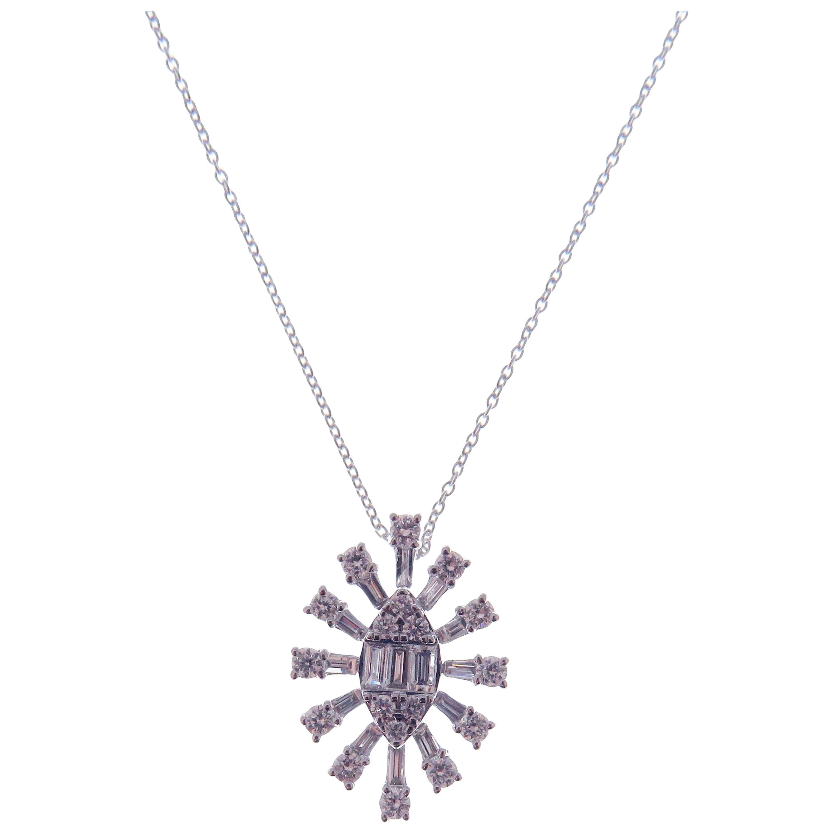 This snowflake inspired necklace is crafted in 18-karat white gold, featuring 18 round white diamonds totaling of 0.27 carats and 15 baguette white diamonds totaling of 0.23 carats.
Approximate total weight 2.97 grams.
VS-G Quality natural white