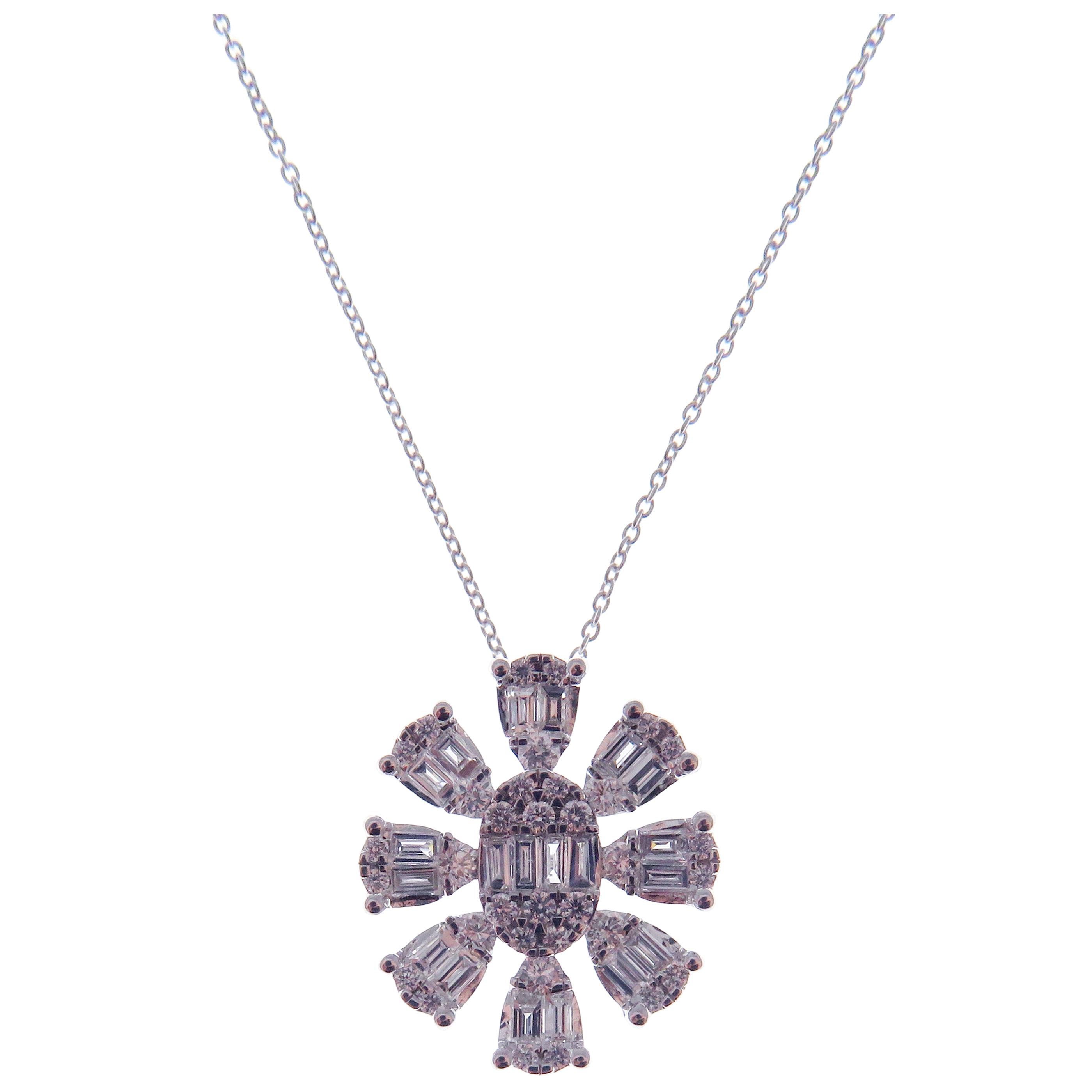 This snowflake inspired necklace is crafted in 18-karat white gold, featuring 34 round white diamonds totaling of 0.27 carats and 20 baguette white diamonds totaling of 0.40 carats.
Approximate total weight 3.70 grams.
VS-G Quality natural white