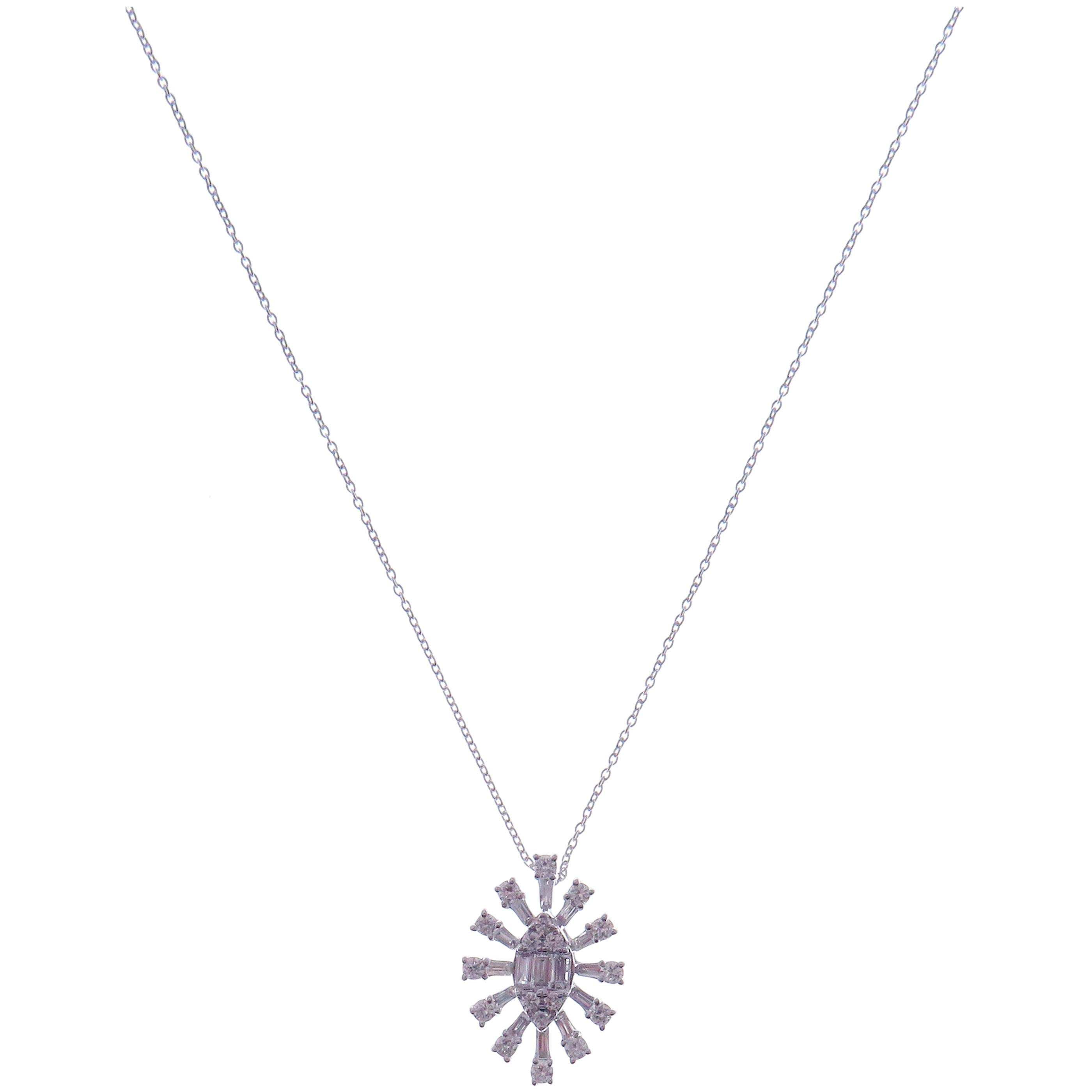 Round Cut 18 Karat White Gold Diamond Snowflake Necklace For Sale