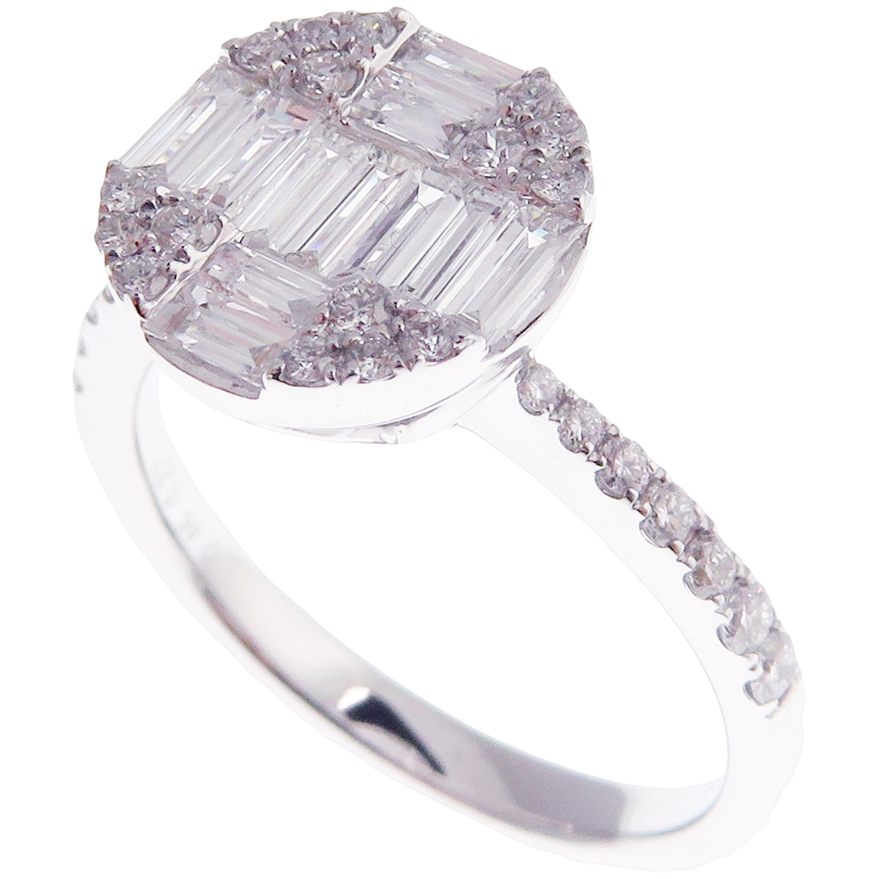Round Cut 18 Karat White Gold Diamond Solitaire Illusion Ring For Sale