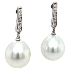 18 Karat White Gold Diamond South Sea Drop Earrings 0.16 Carats