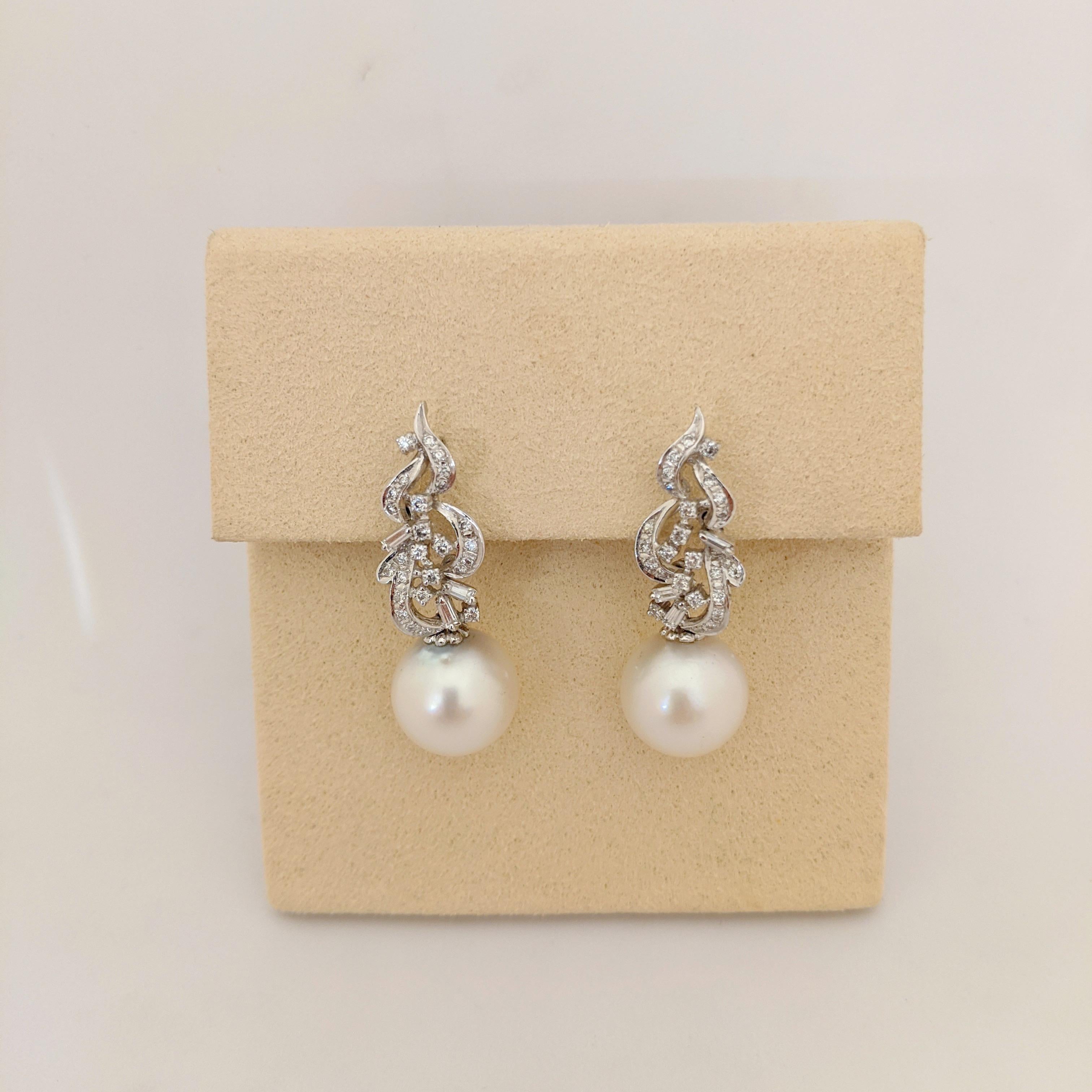 Round Cut 18 Karat White Gold, Diamond and South Sea Pearl Estate Earrings