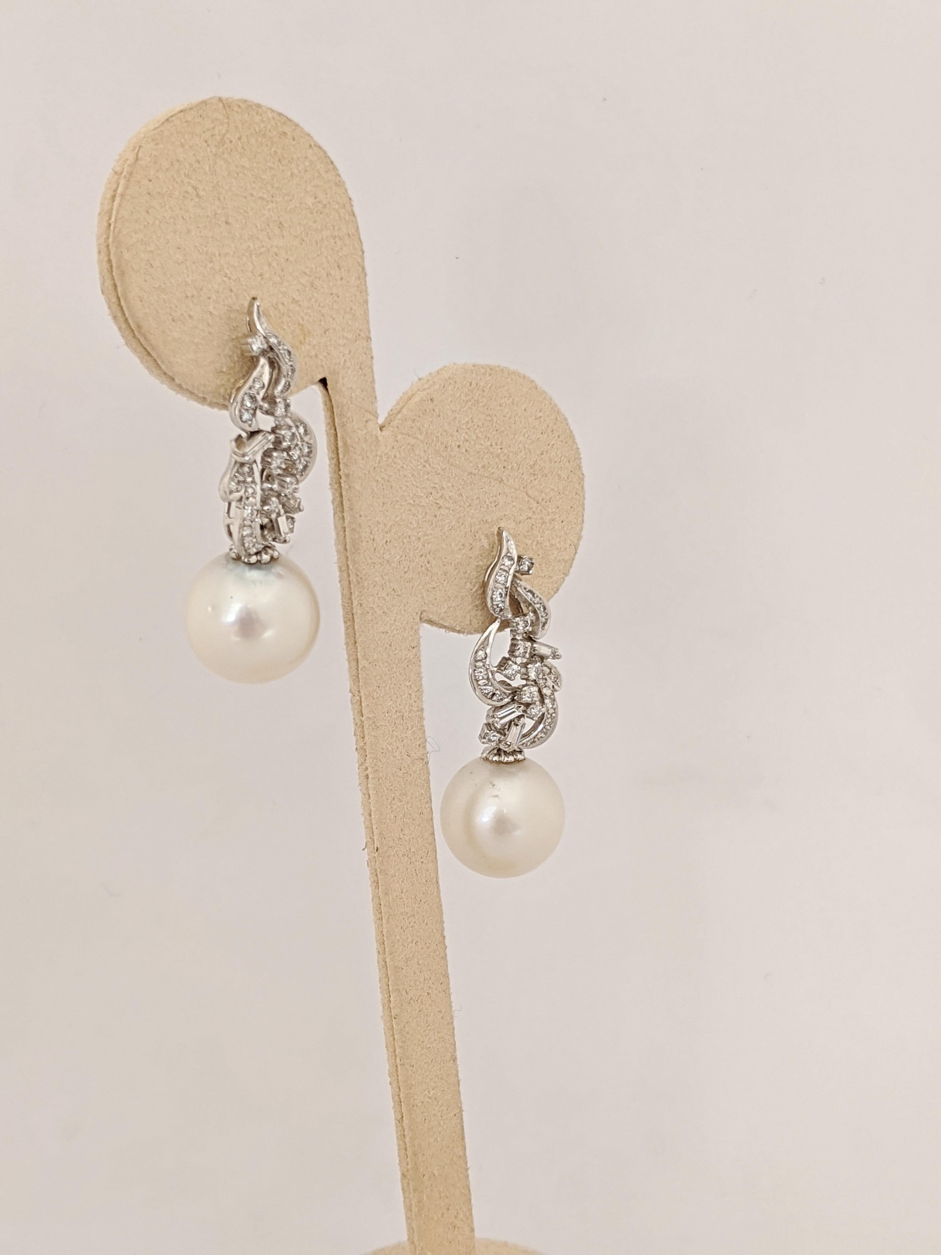 18 Karat White Gold, Diamond and South Sea Pearl Estate Earrings In Excellent Condition In New York, NY