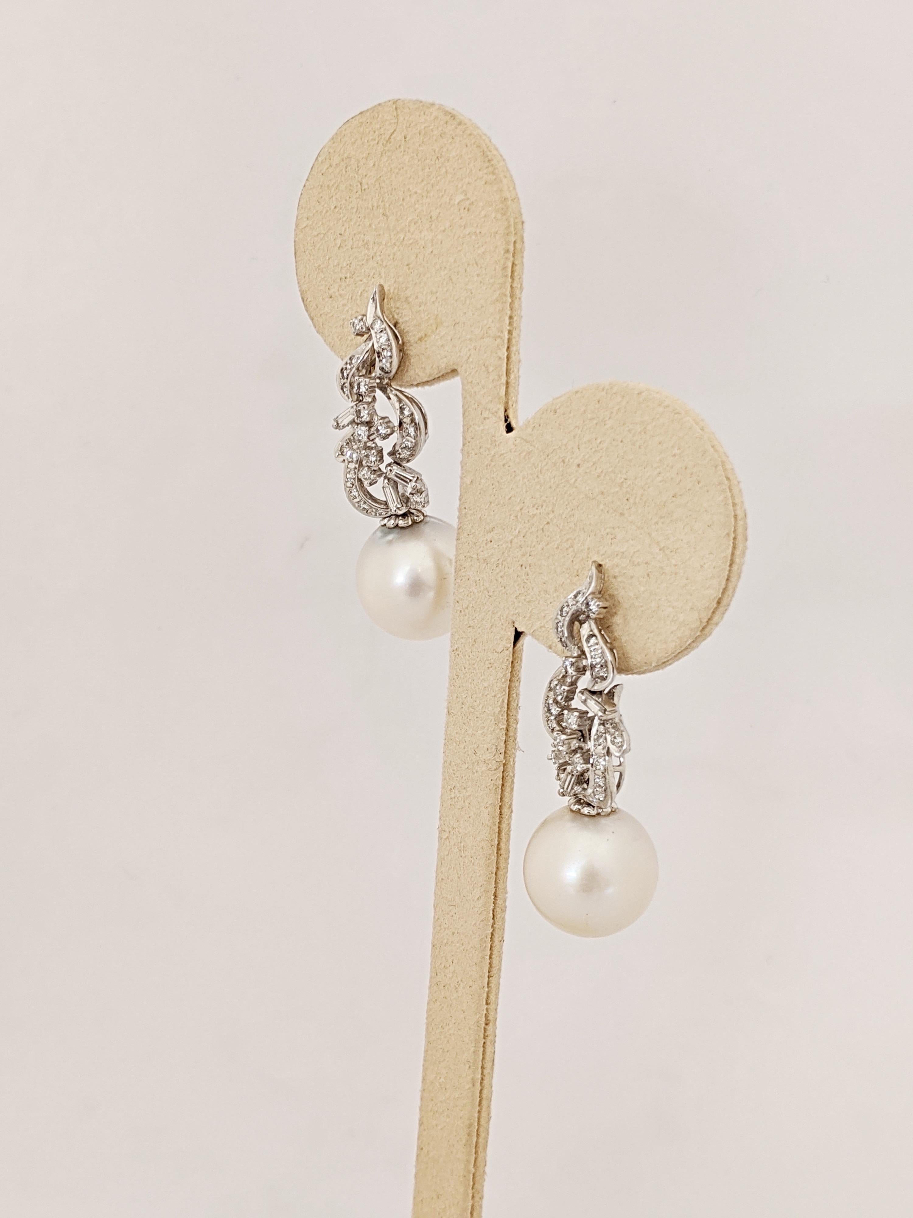 Women's or Men's 18 Karat White Gold, Diamond and South Sea Pearl Estate Earrings