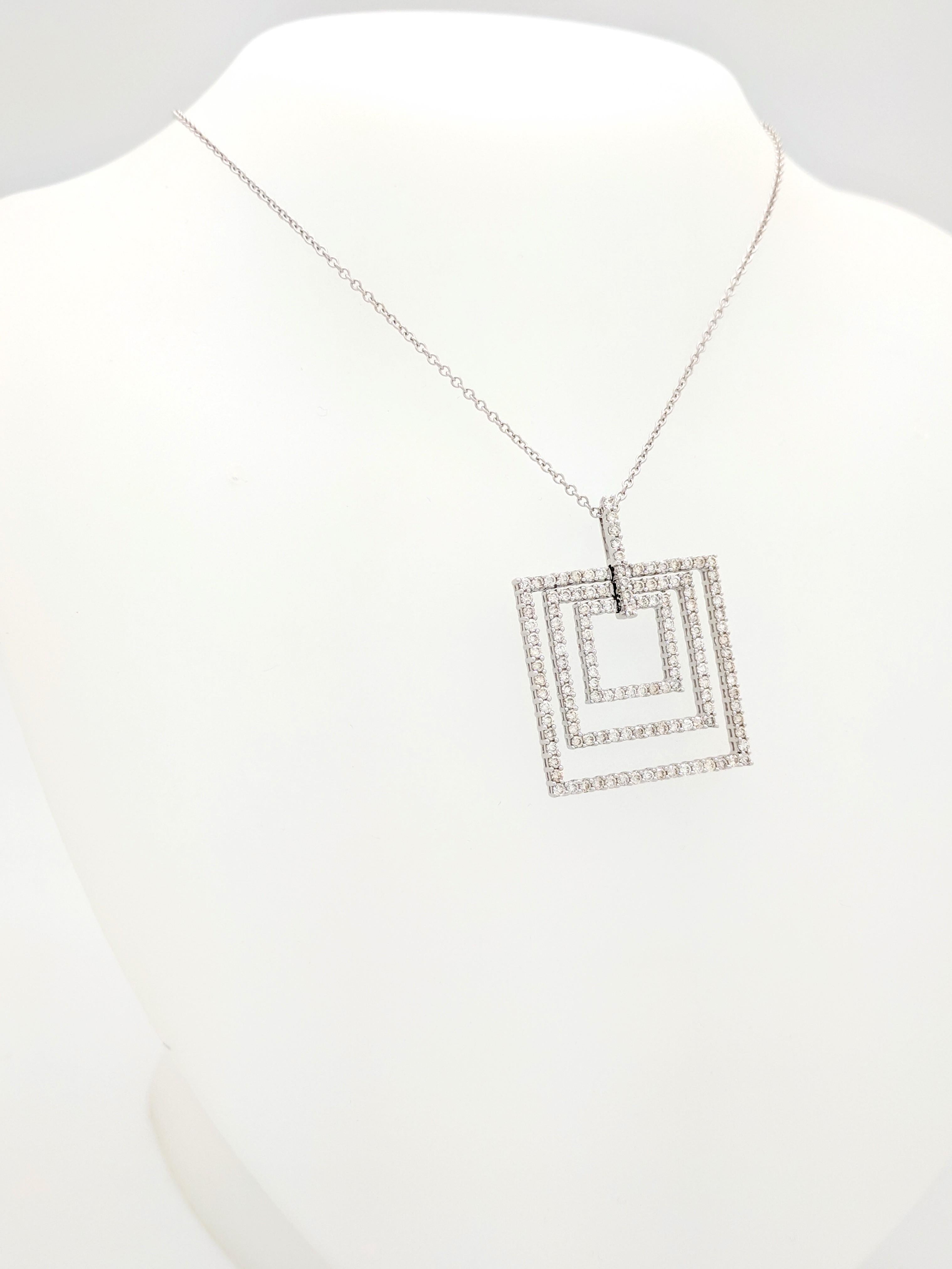 18K White Gold Diamond Square Layered Pendant Necklace

You are viewing a beautiful diamond squared layered pendant necklace. The piece is crafted from 18k white gold and weighs 10.2 gram. It features 135 round brilliant cut diamonds for an 2.43