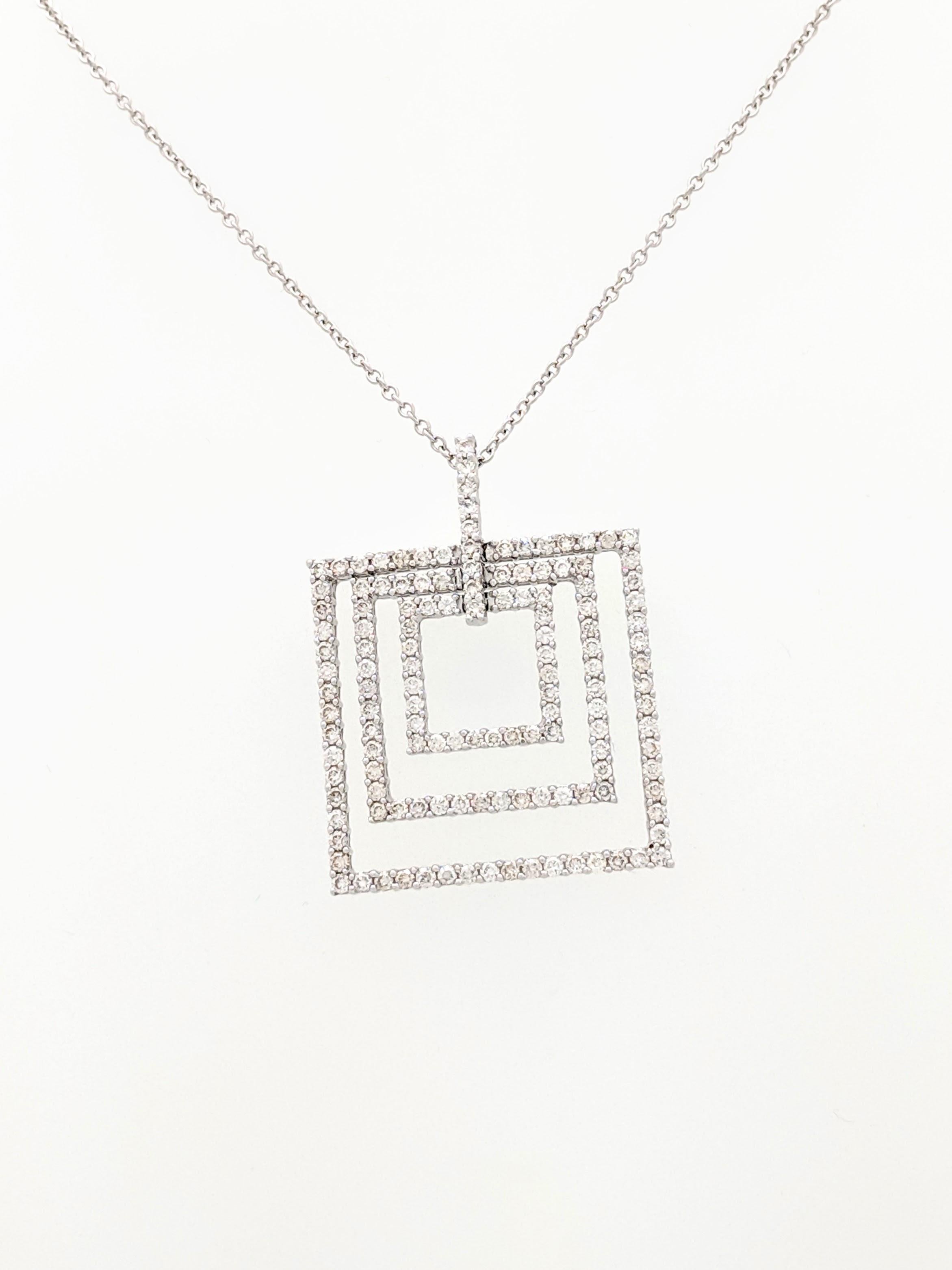 Round Cut 18 Karat White Gold Diamond Square Layered Pendant Necklace For Sale