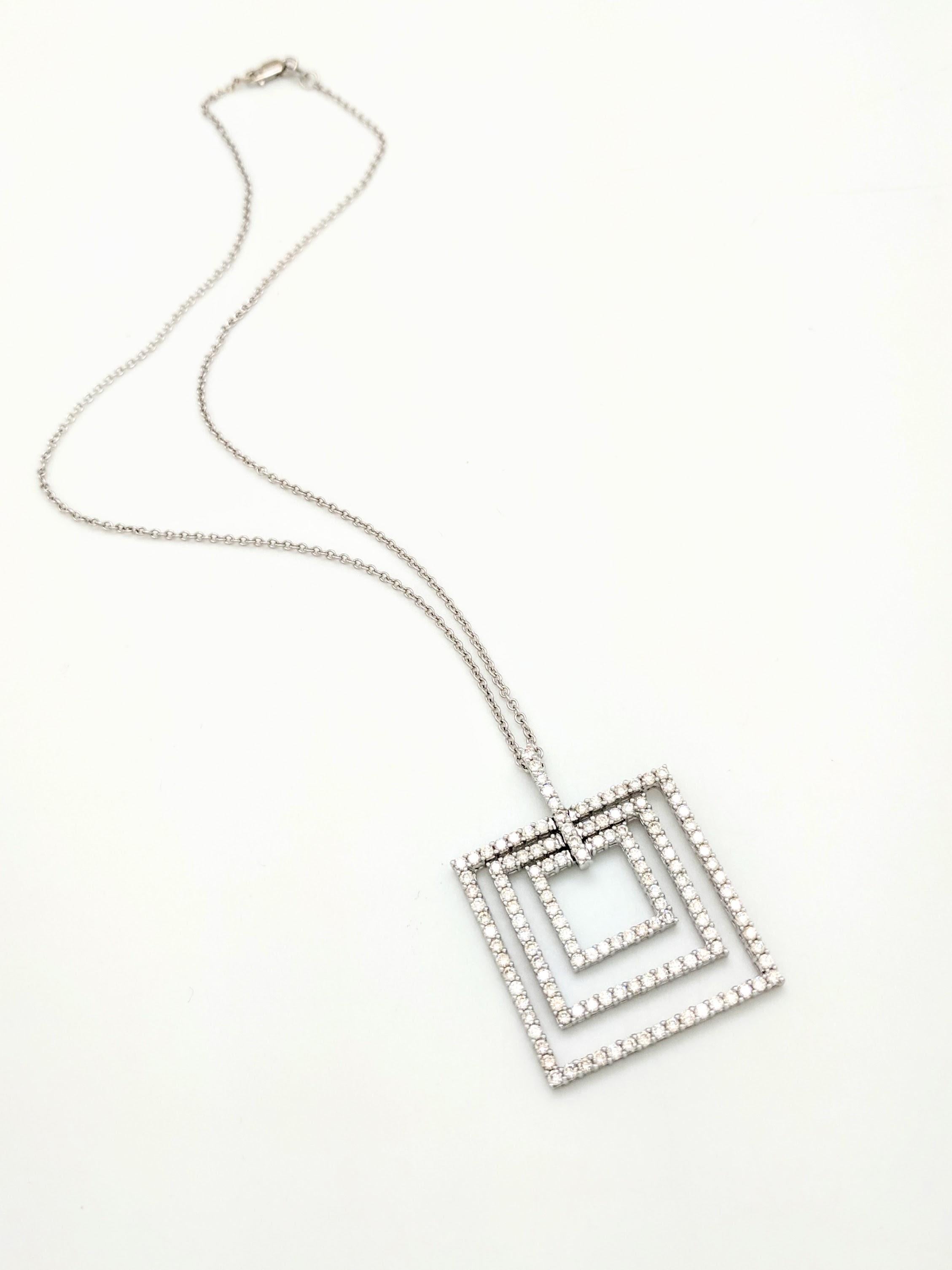 18 Karat White Gold Diamond Square Layered Pendant Necklace In Good Condition For Sale In Gainesville, FL