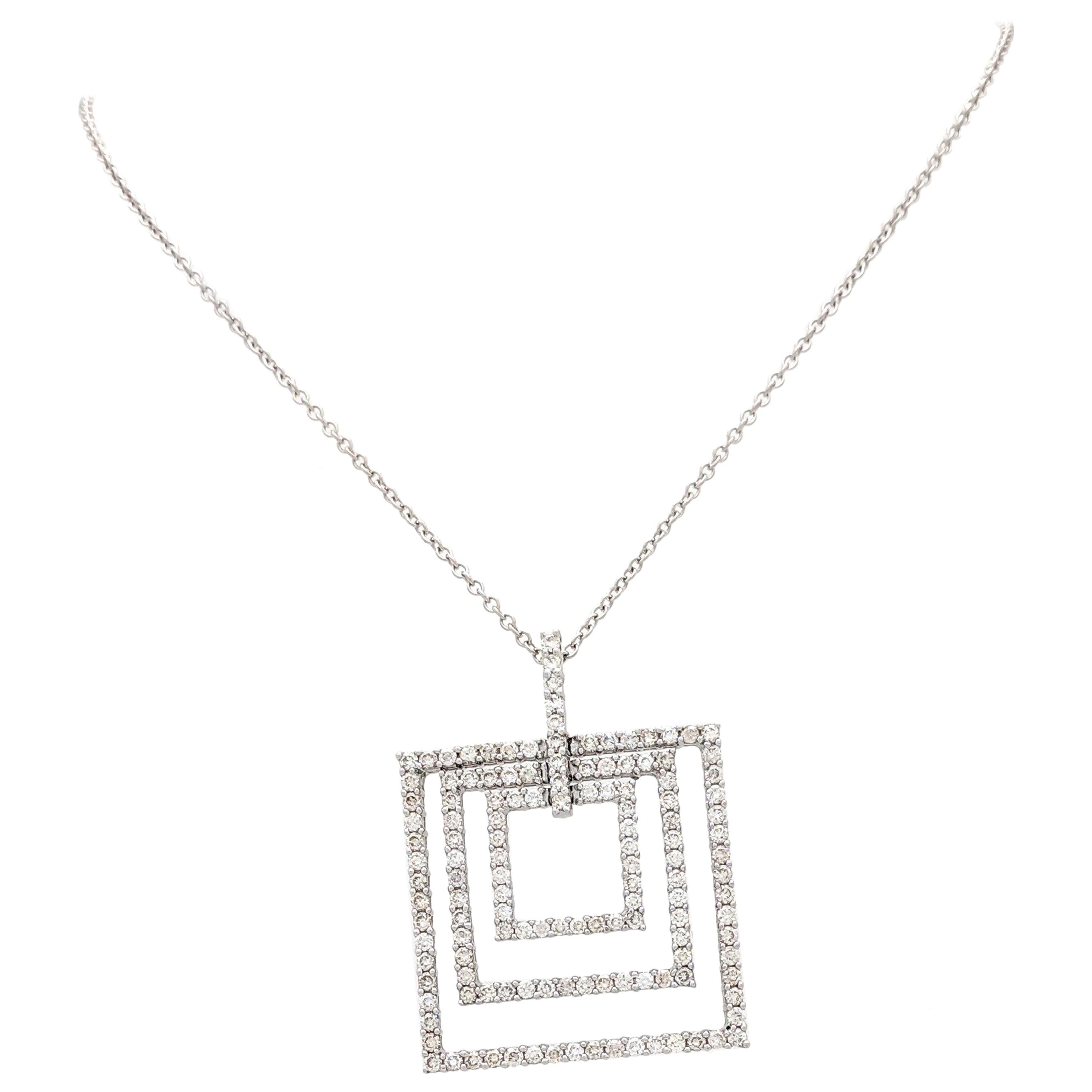 18 Karat White Gold Diamond Square Layered Pendant Necklace For Sale