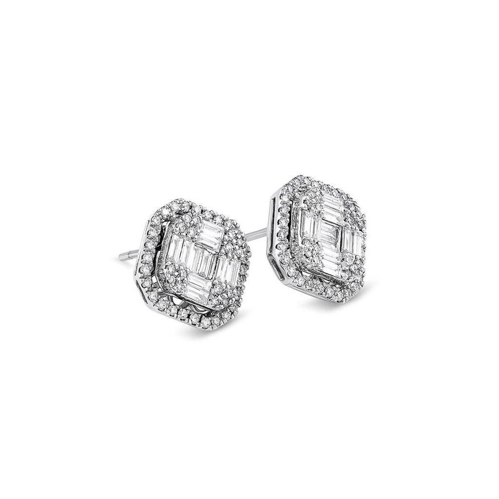 Large Modern Diamond Square Motif Studs. This pair of bold diamond earrings is set with 0.80ctw of baguette diamonds and 0.44ctw of round cut diamonds. The sparkling white diamonds are complemented by the 18kt white gold setting.