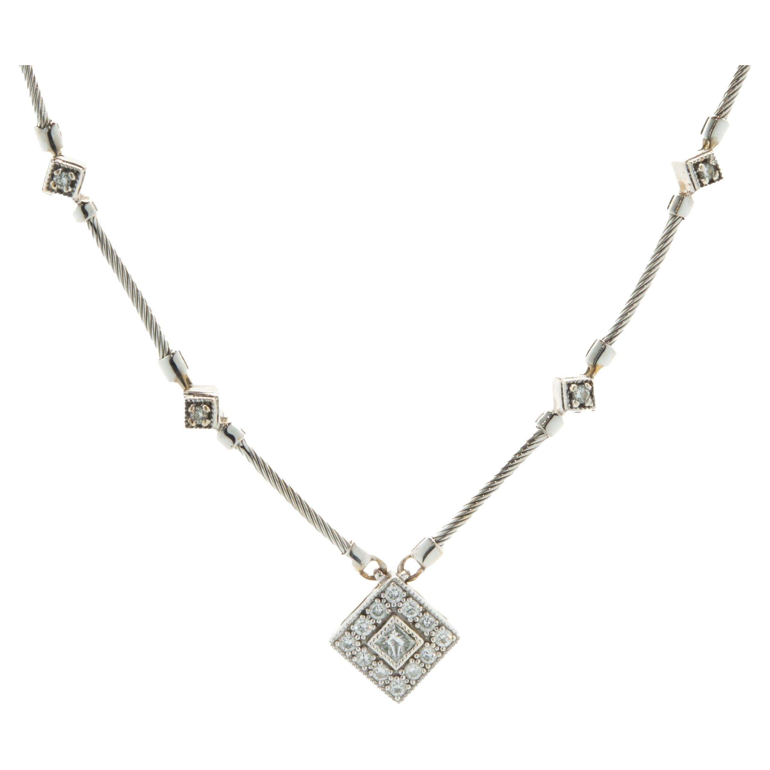 18 Karat White Gold Diamond Station and Bar Link Collar Necklace For Sale