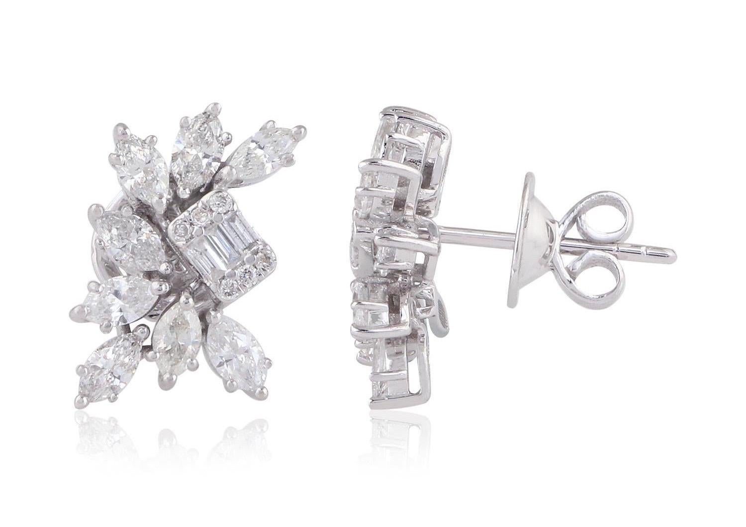 Contemporary 18 Karat White Gold Diamond Cluster Stud Earrings For Sale