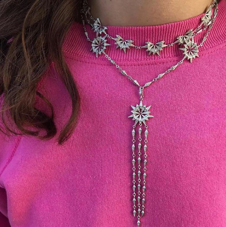 18 Karat White Gold Diamond Sunburst Starburst Necklace with Detachable Pendant  In New Condition In New York, NY