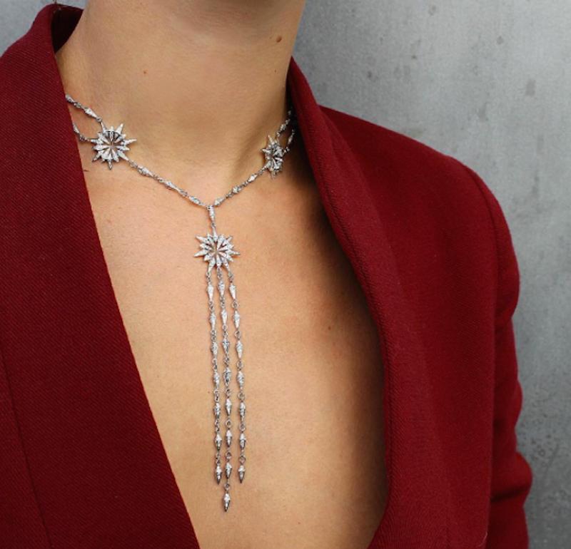 Women's or Men's 18 Karat White Gold Diamond Sunburst Starburst Necklace with Detachable Pendant 