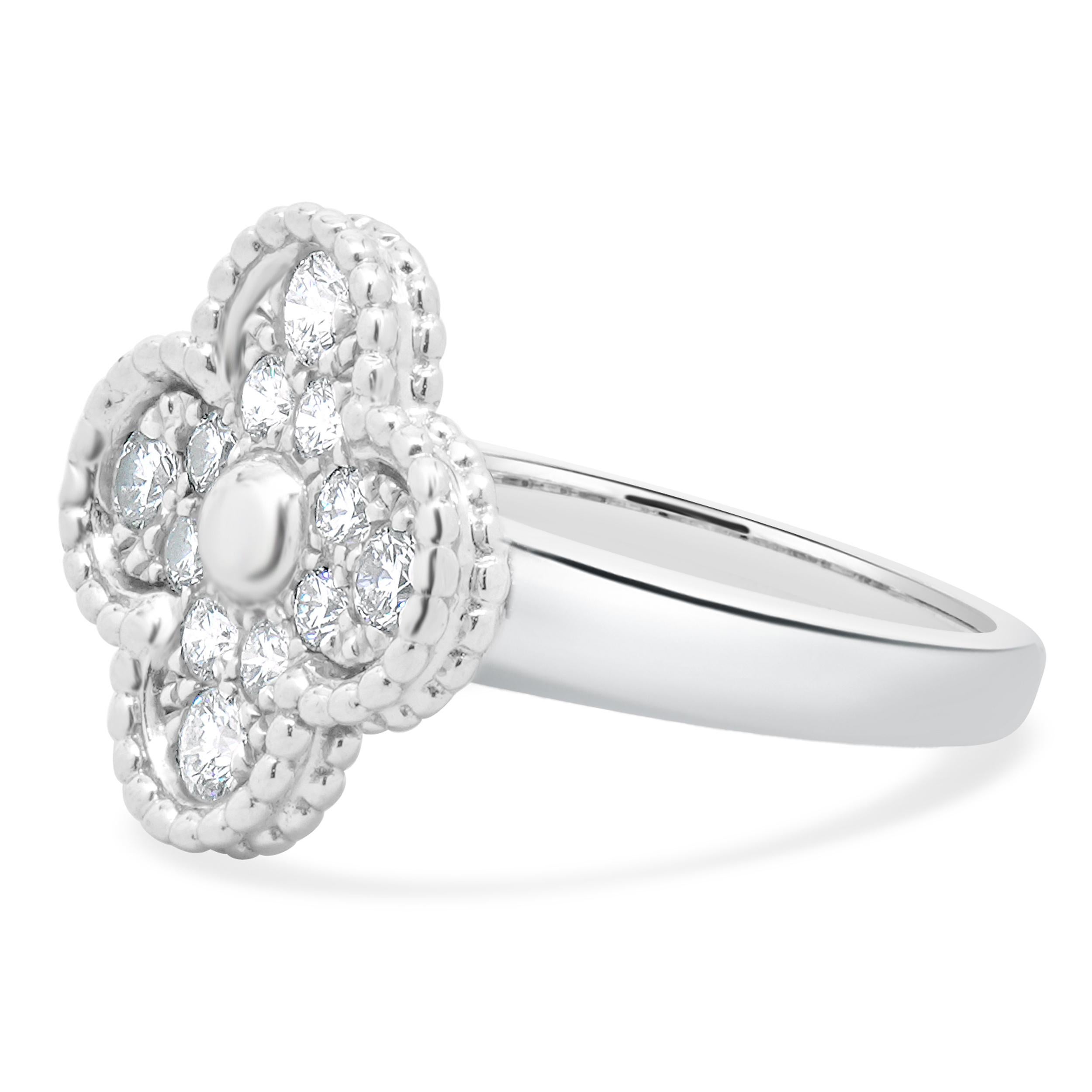Designer: VCA
Material: 18K white gold
Diamonds: round brilliant cut = 0.48cttw
Color: F
Clarity: VS1
Dimensions: ring top measures 14.50mm wide
Size: 5 (50)
Weight: 6.10 grams