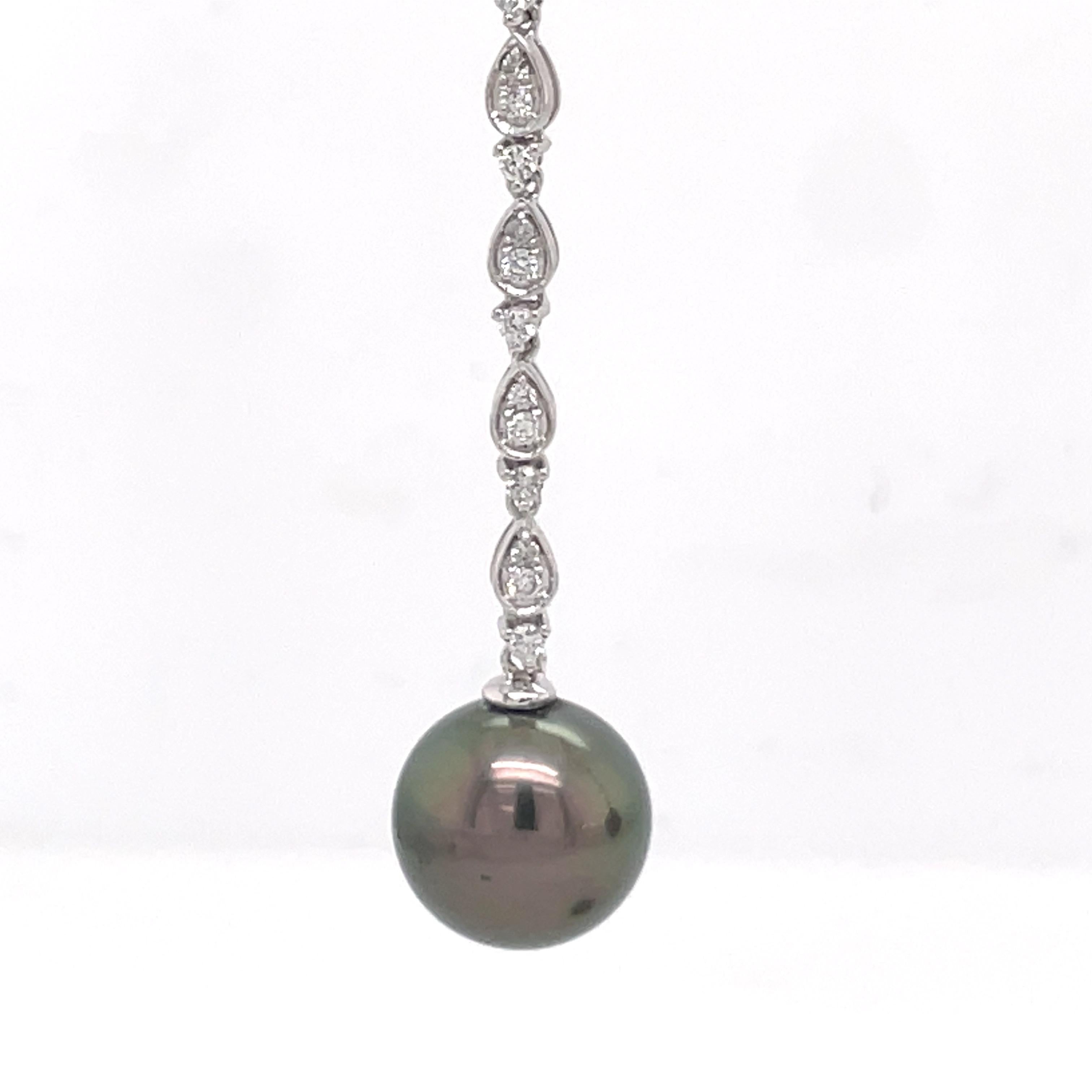 Contemporary 18 Karat White Gold Diamond Tahitian Pearl Drop Earrings 0.58 Carats For Sale