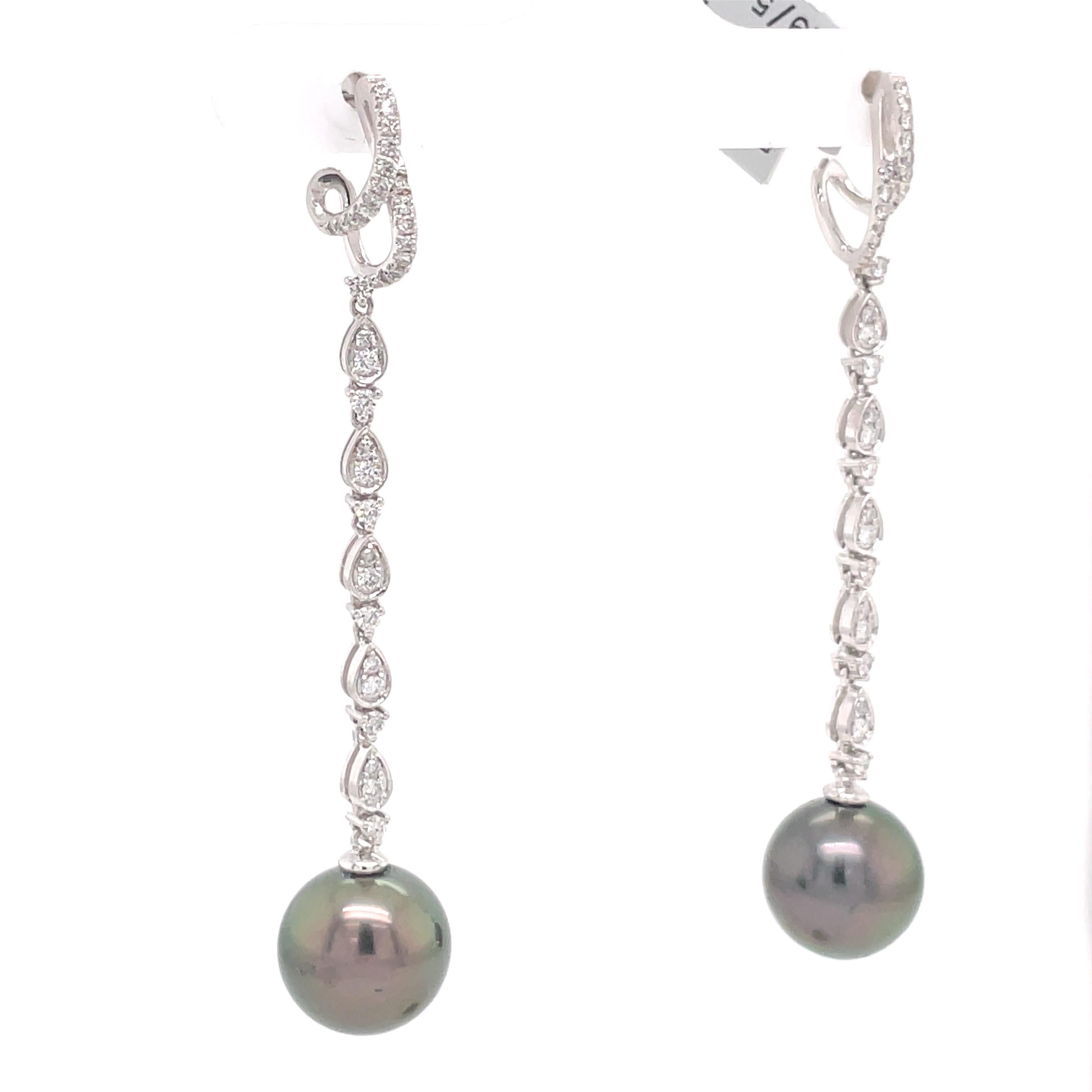 18 Karat White Gold Diamond Tahitian Pearl Drop Earrings 0.58 Carats In New Condition For Sale In New York, NY