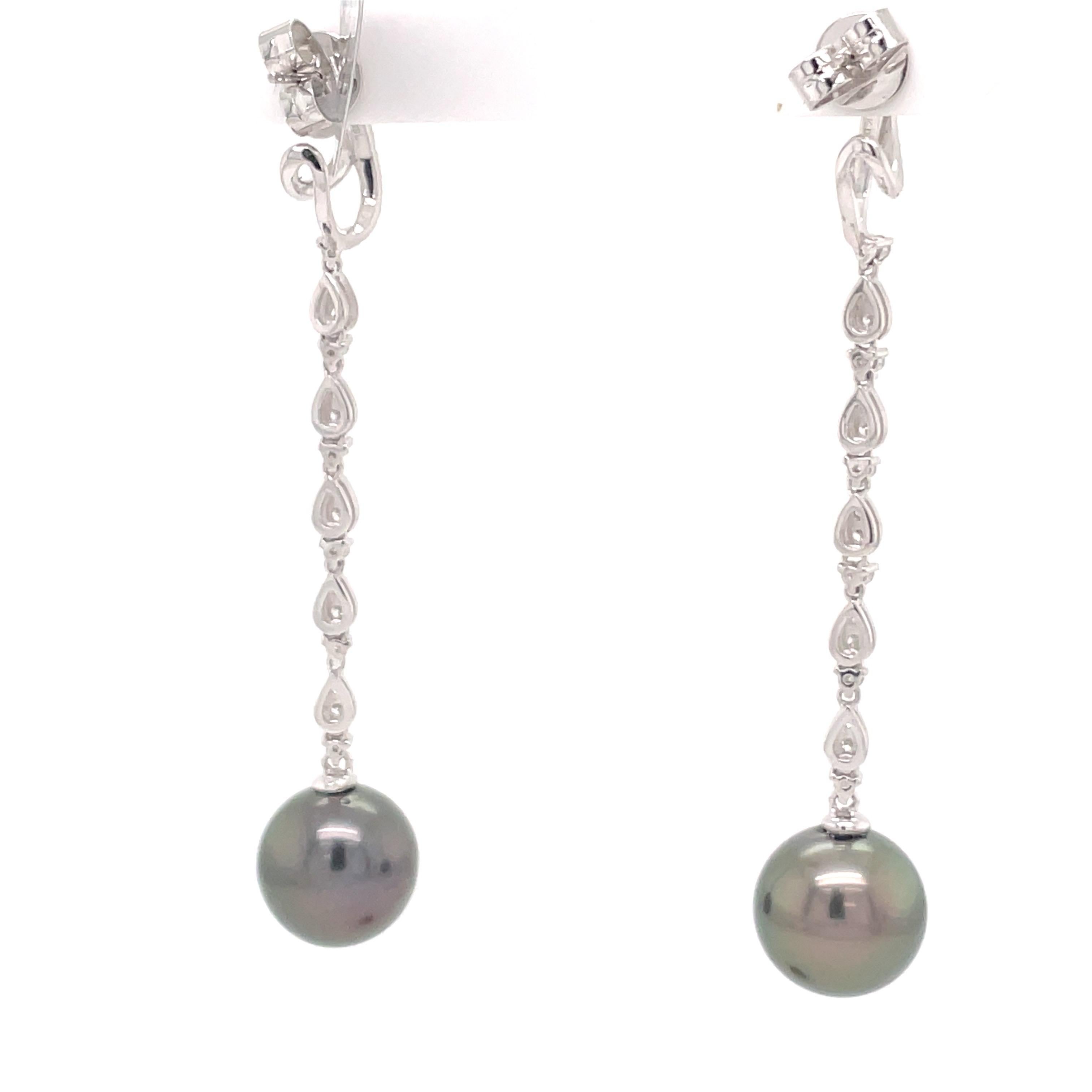 18 Karat White Gold Diamond Tahitian Pearl Drop Earrings 0.58 Carats For Sale 1