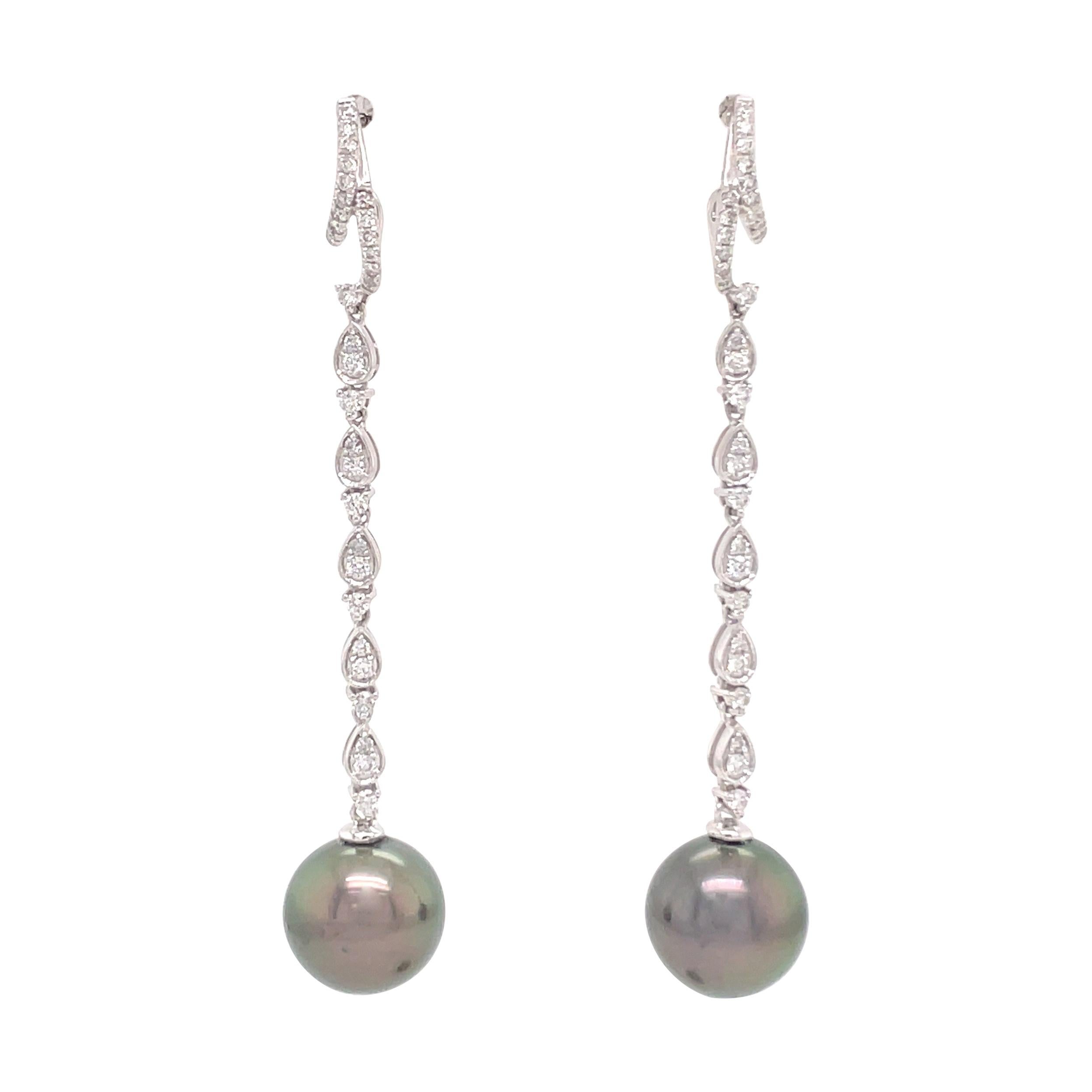 18 Karat White Gold Diamond Tahitian Pearl Drop Earrings 0.58 Carats For Sale