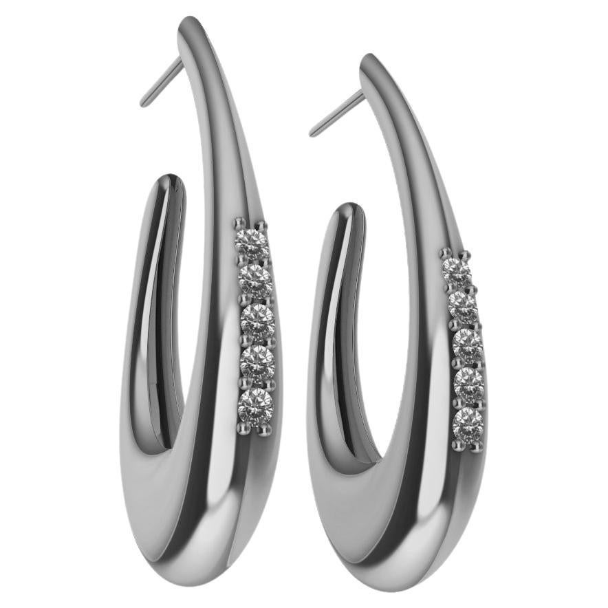 18 Karat White Gold Diamond Teardrop Hollow Hoop Earrings For Sale